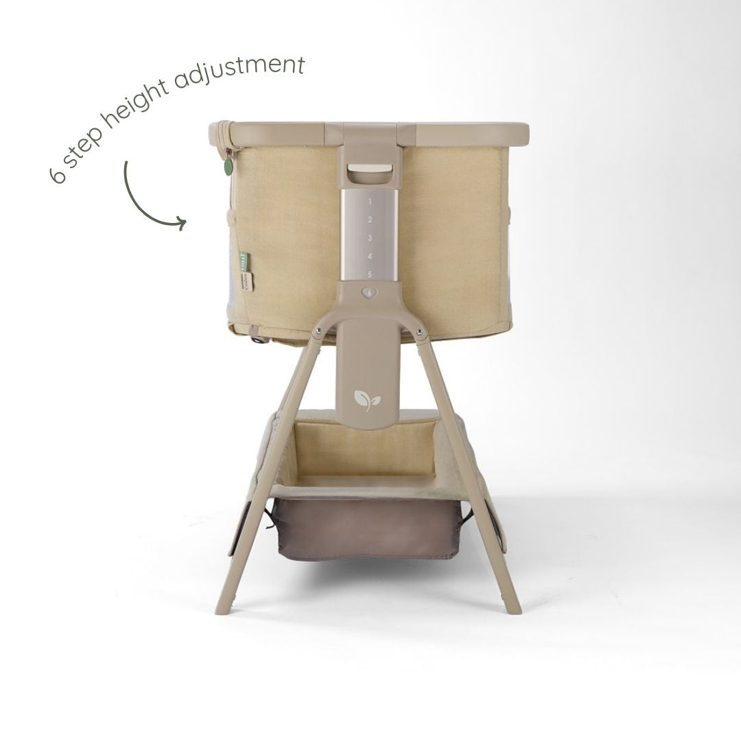 CoZee Zen bedside crib in sand finish showing 6-step height adjustment and integrated lower storage shelf.