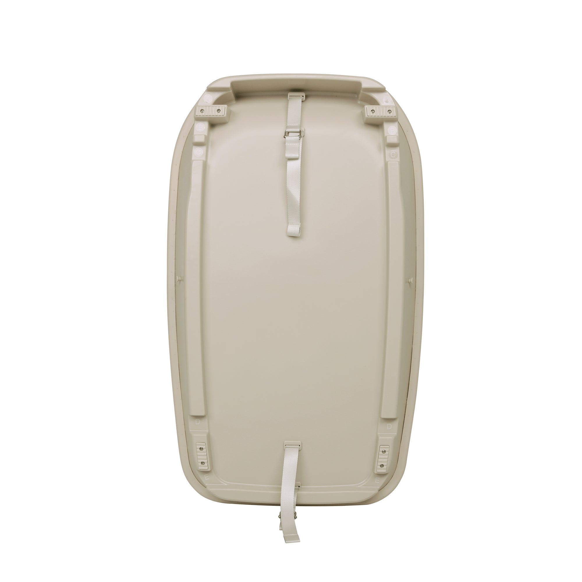 Back cutout view of the Cushi Baby Changing Mat in cashmere finish with secure fastening straps for safe cot top attachment