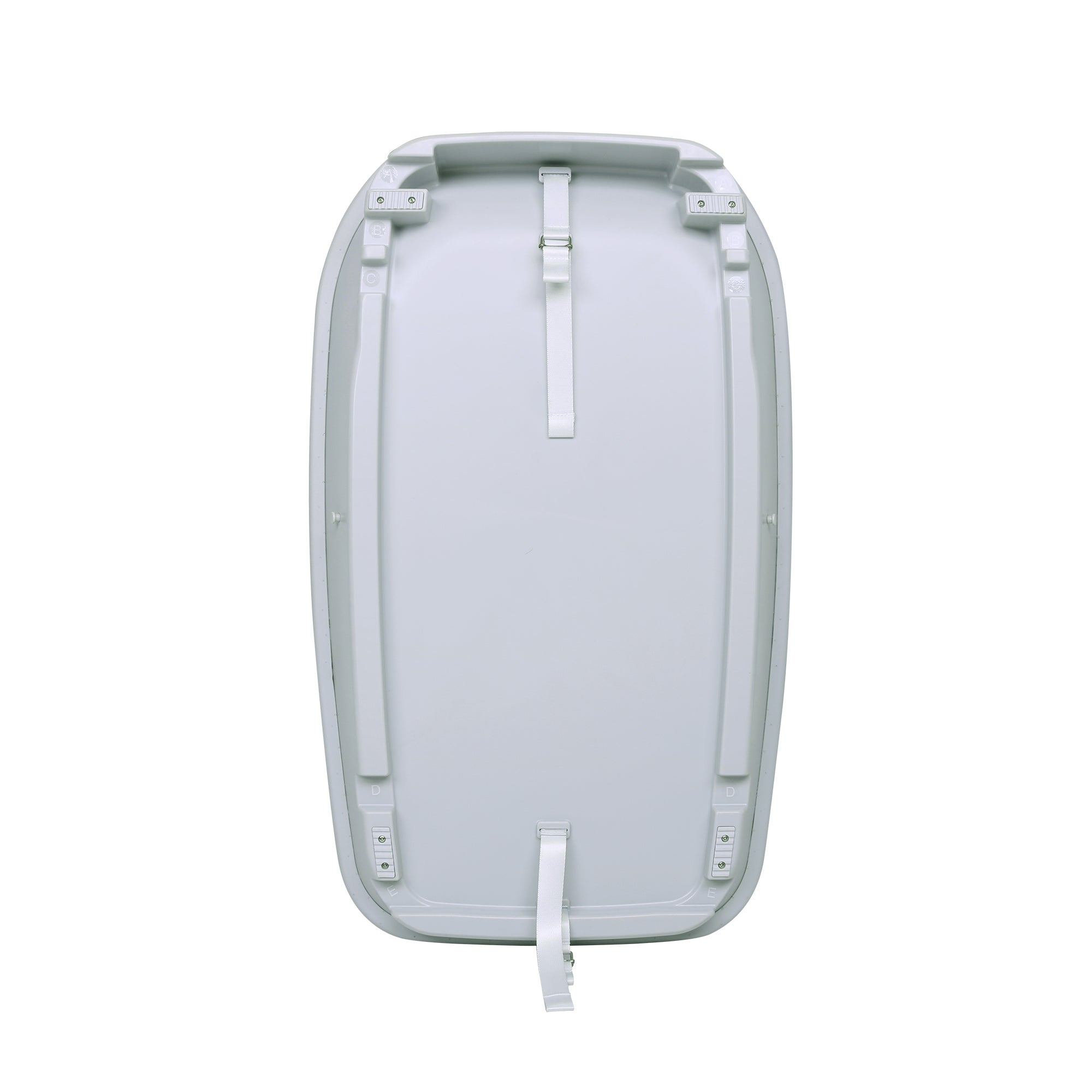 Back cutout view of the Cushi baby changing mat in cloud grey, showing secure safety straps and durable molded design