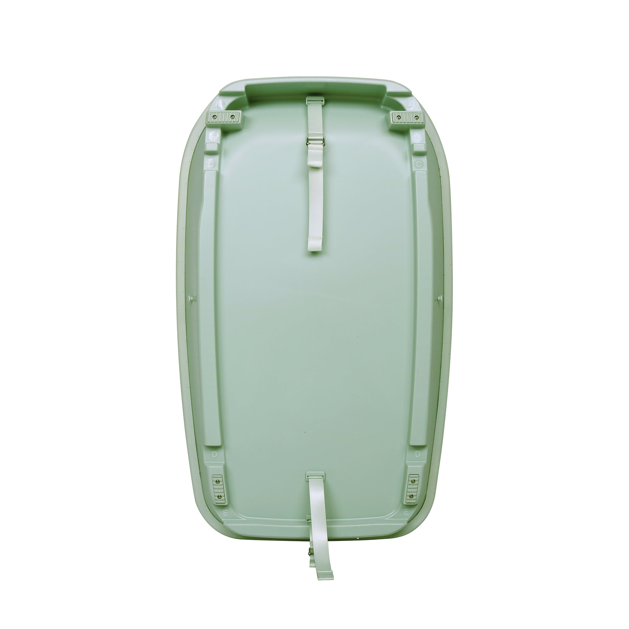 Back cutout view of the Cushi baby changing mat in leaf green, showing safety straps and secure attachment design