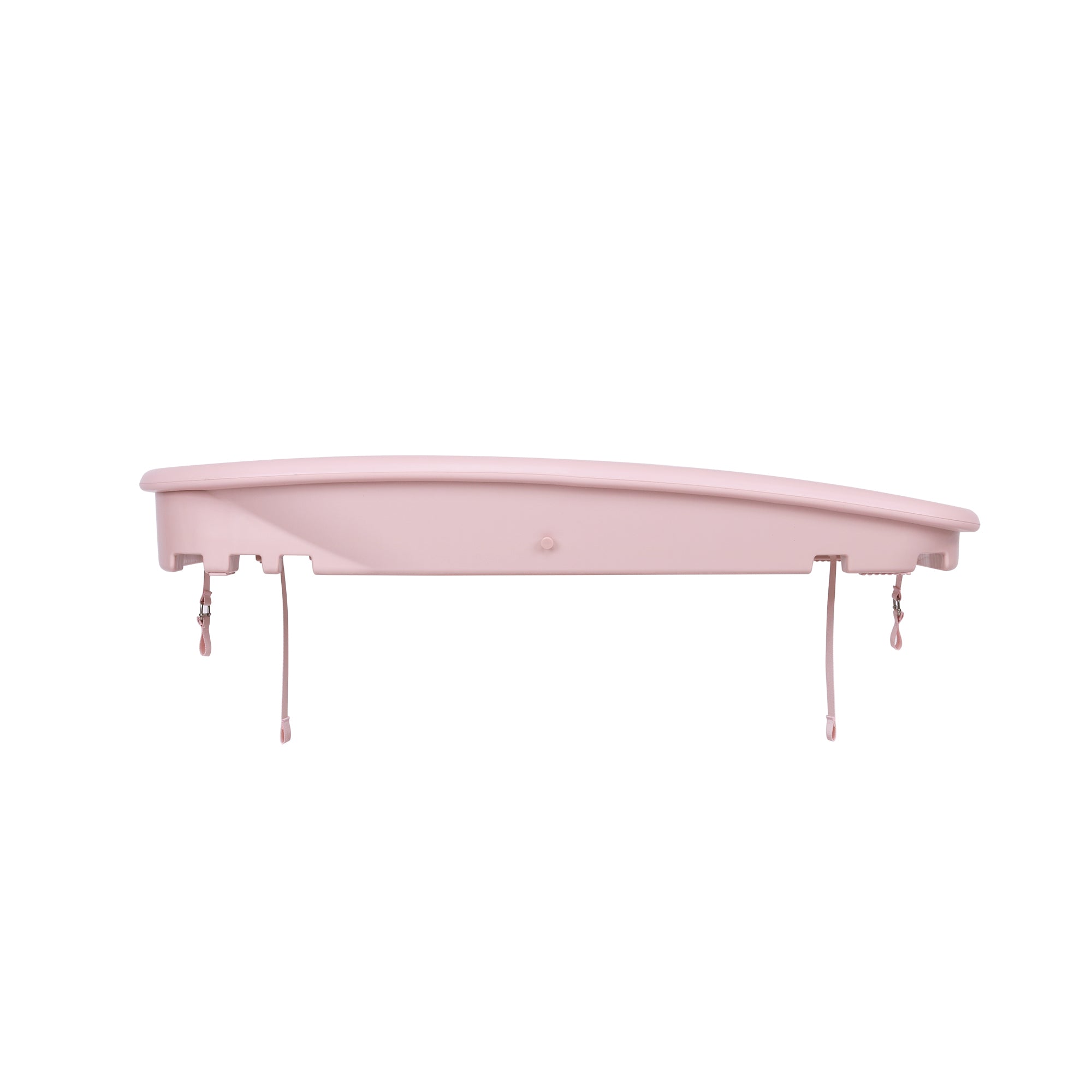 Side cutout of the Cushi baby changing mat in petal pink, showing curved edges, secure straps, and smooth wipe-clean surface