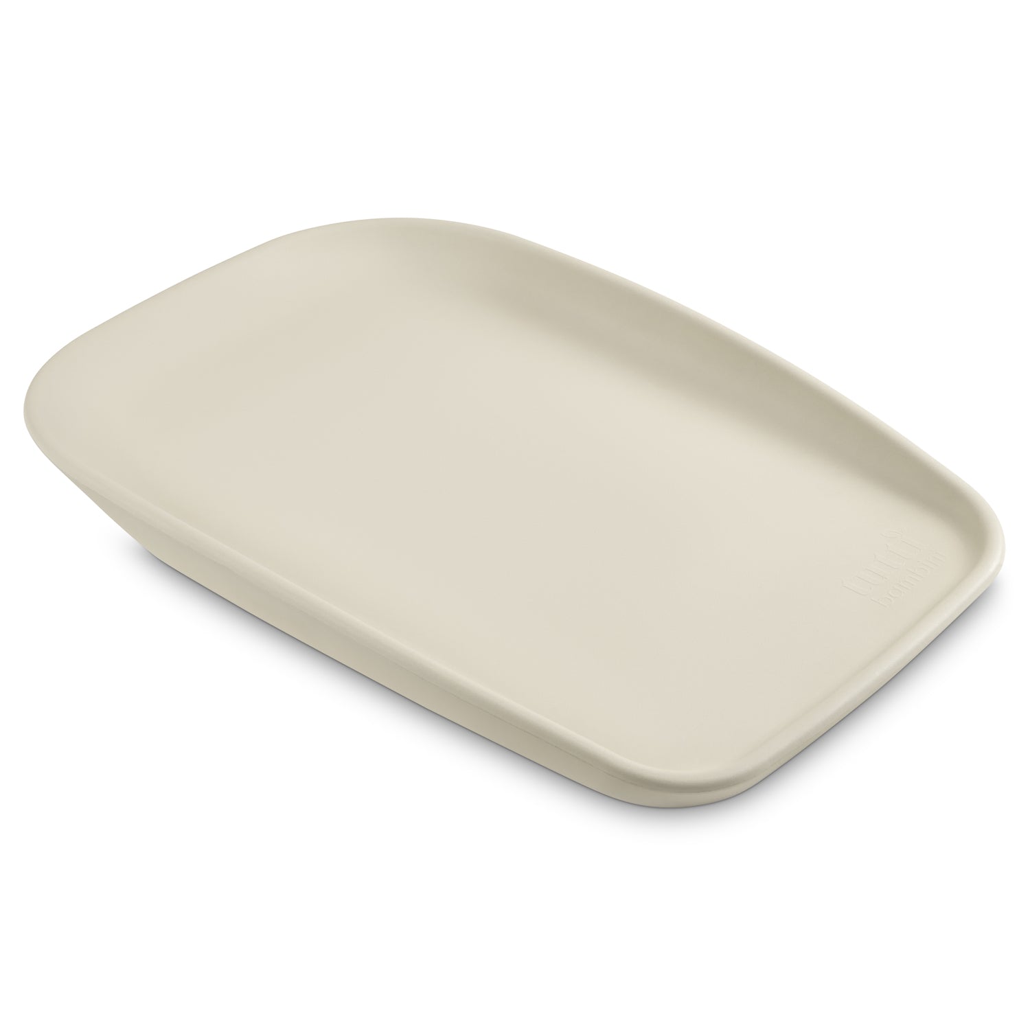 Angled view of the Cushi Mini Baby Changing Mat in cashmere, showing smooth contours, raised edges, and a compact profile.