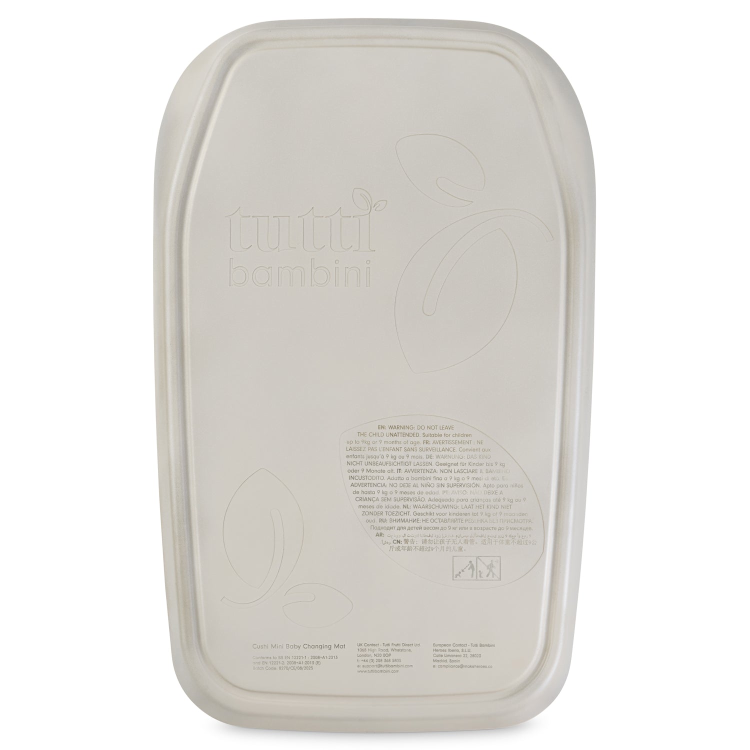 Back view of the Cushi Mini Baby Changing Mat in mushroom, featuring subtle Tutti Bambini branding and non-slip base detail.