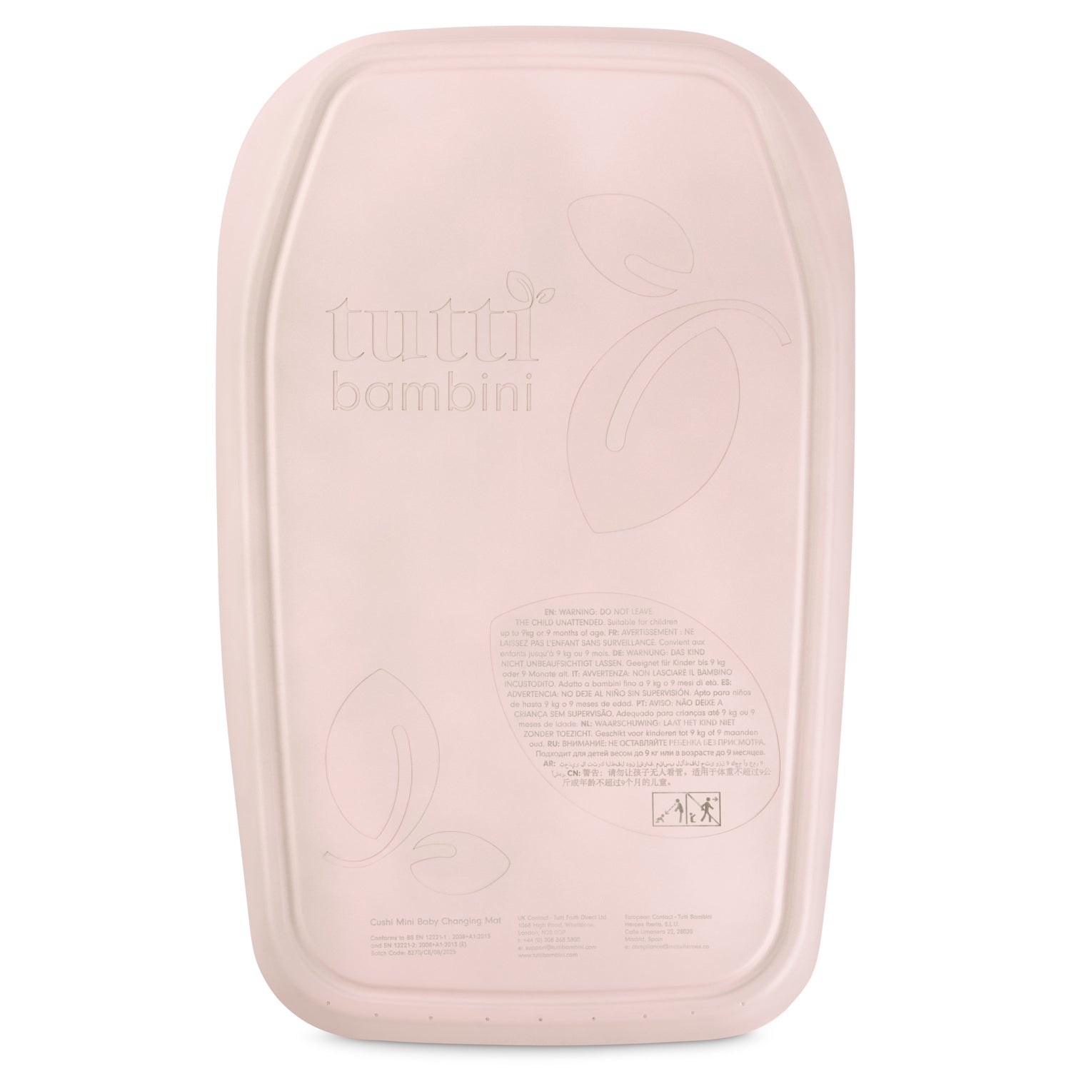 Back view of the Cushi Mini baby changing mat in petal, showing the smooth underside with embossed branding and safety details.
