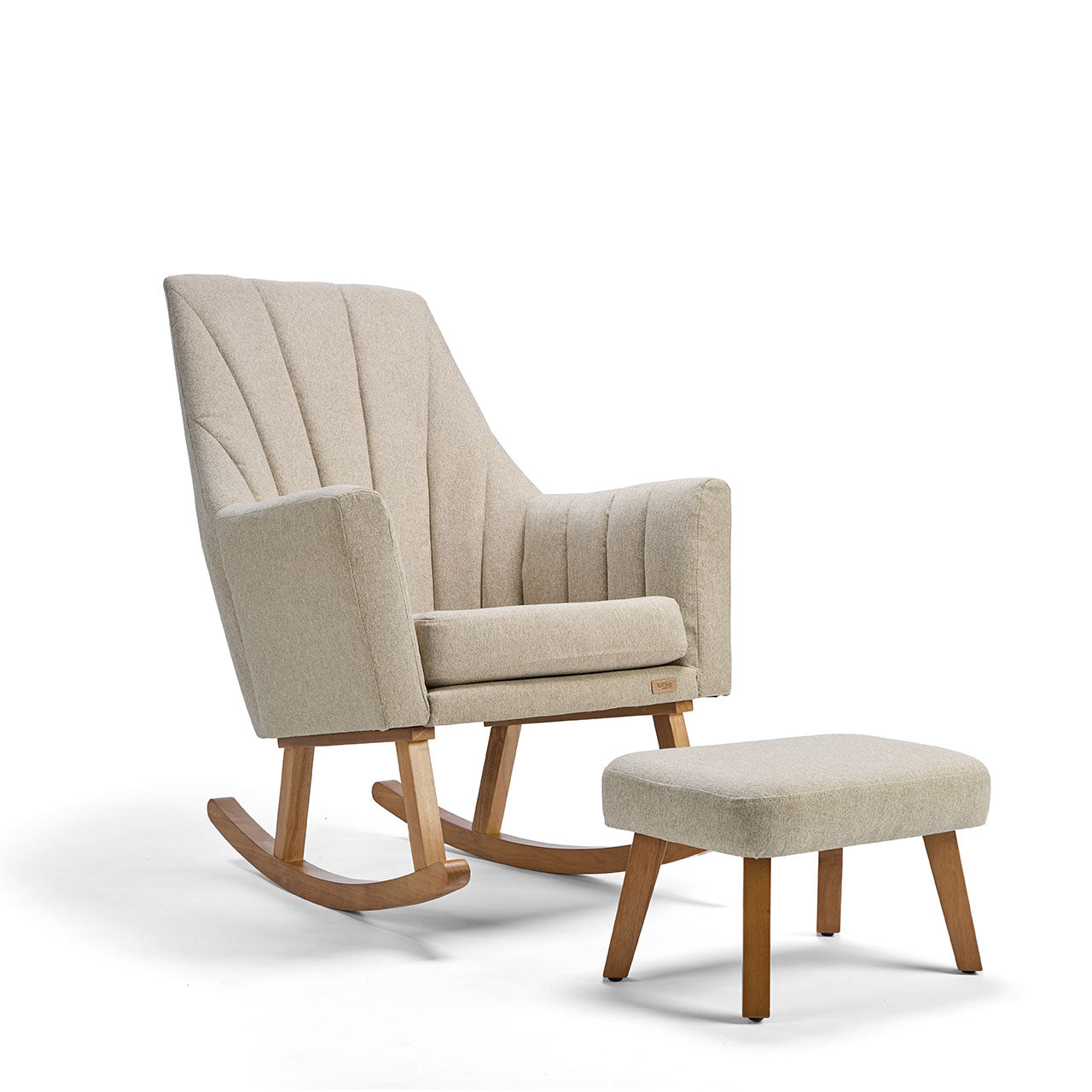 Cutout of the Danica rocking chair and footstool in stone fabric with oak legs, offering modern comfort and gentle motion for calm moments