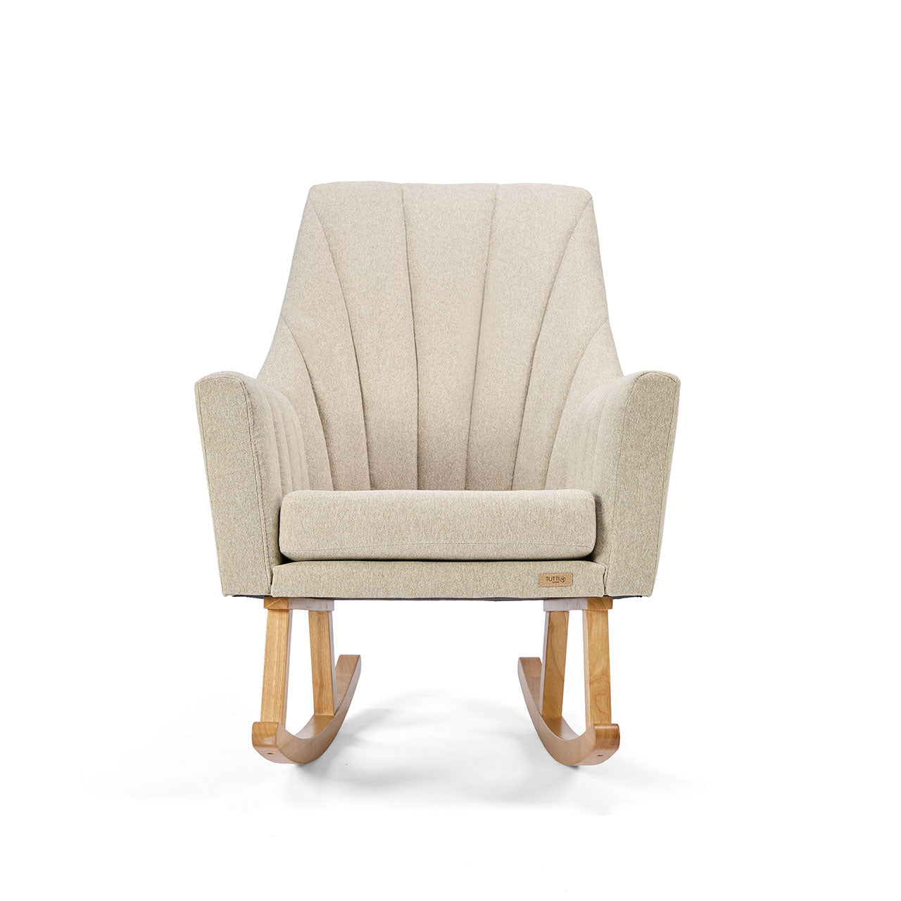 Front view of the Danica rocking chair in stone with vertical stitching detail and deep cushioning for supportive, soothing comfort