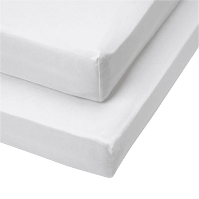 Close-up view of the Essentials cot fitted sheets 2 pack in classic white, made from soft cotton with snug, secure elasticated edges