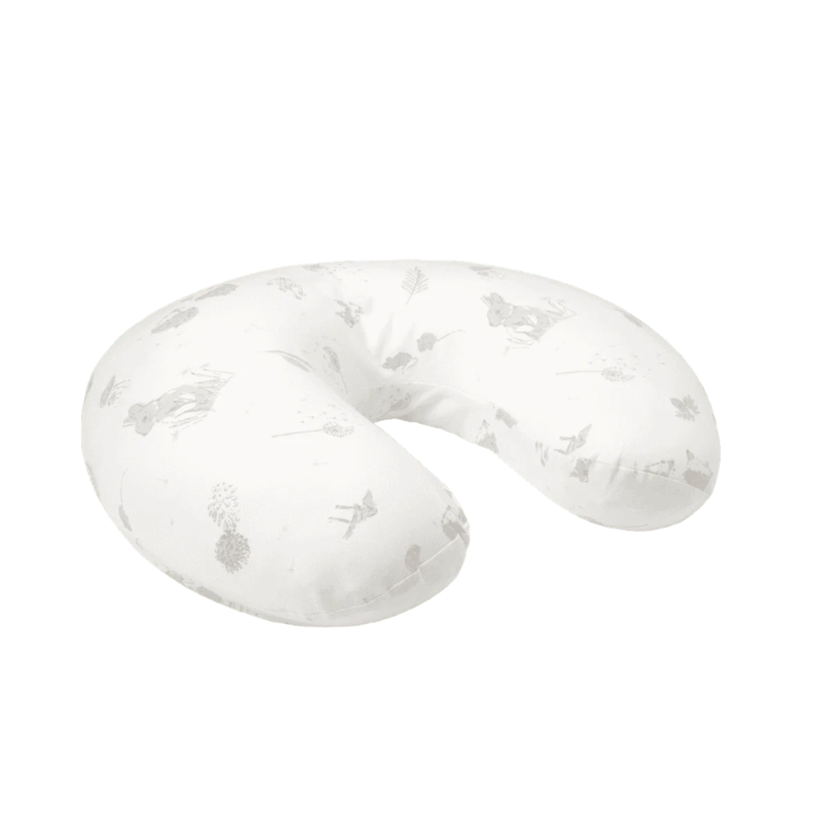 Cutout view of the Cocoon feeding pillow in soft neutral print, showing curved ergonomic shape designed to support comfortable feeding and bonding moments