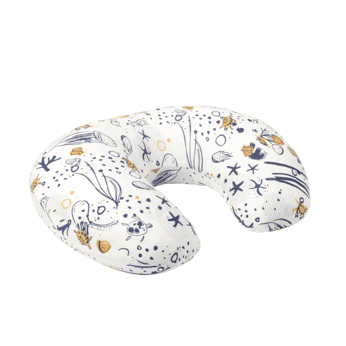 Cutout view of the Our Planet feeding pillow, featuring a curved supportive shape with soft neutral tones and playful illustrated pattern