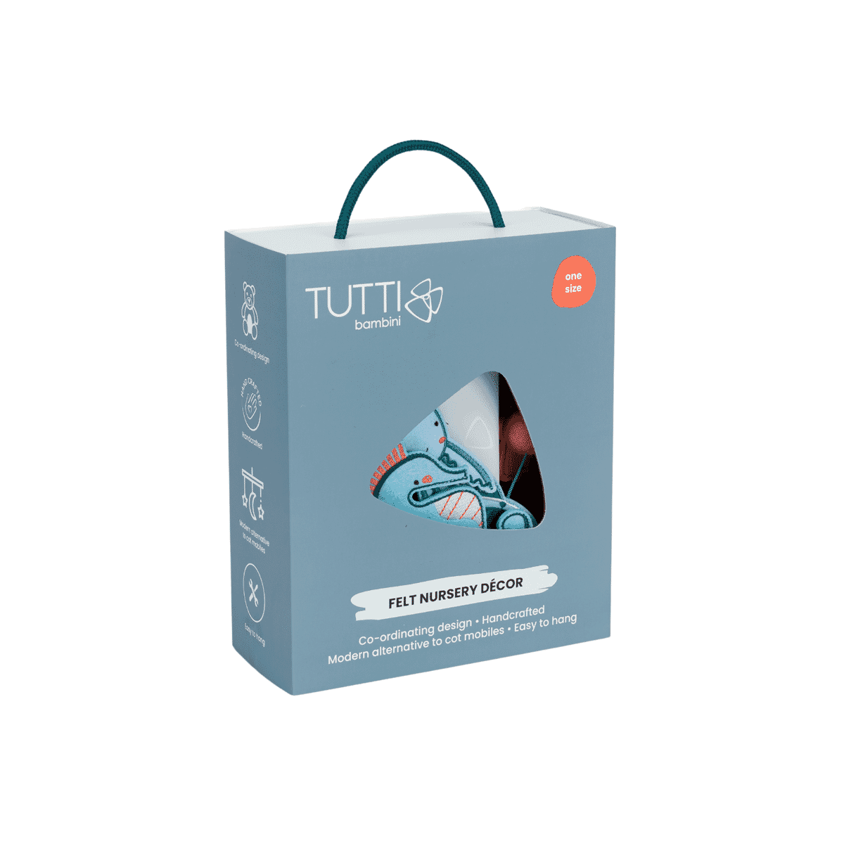 Boxed Our Planet felt nursery décor mobile with carry handle, showing ocean-themed felt shapes through the windowed packaging