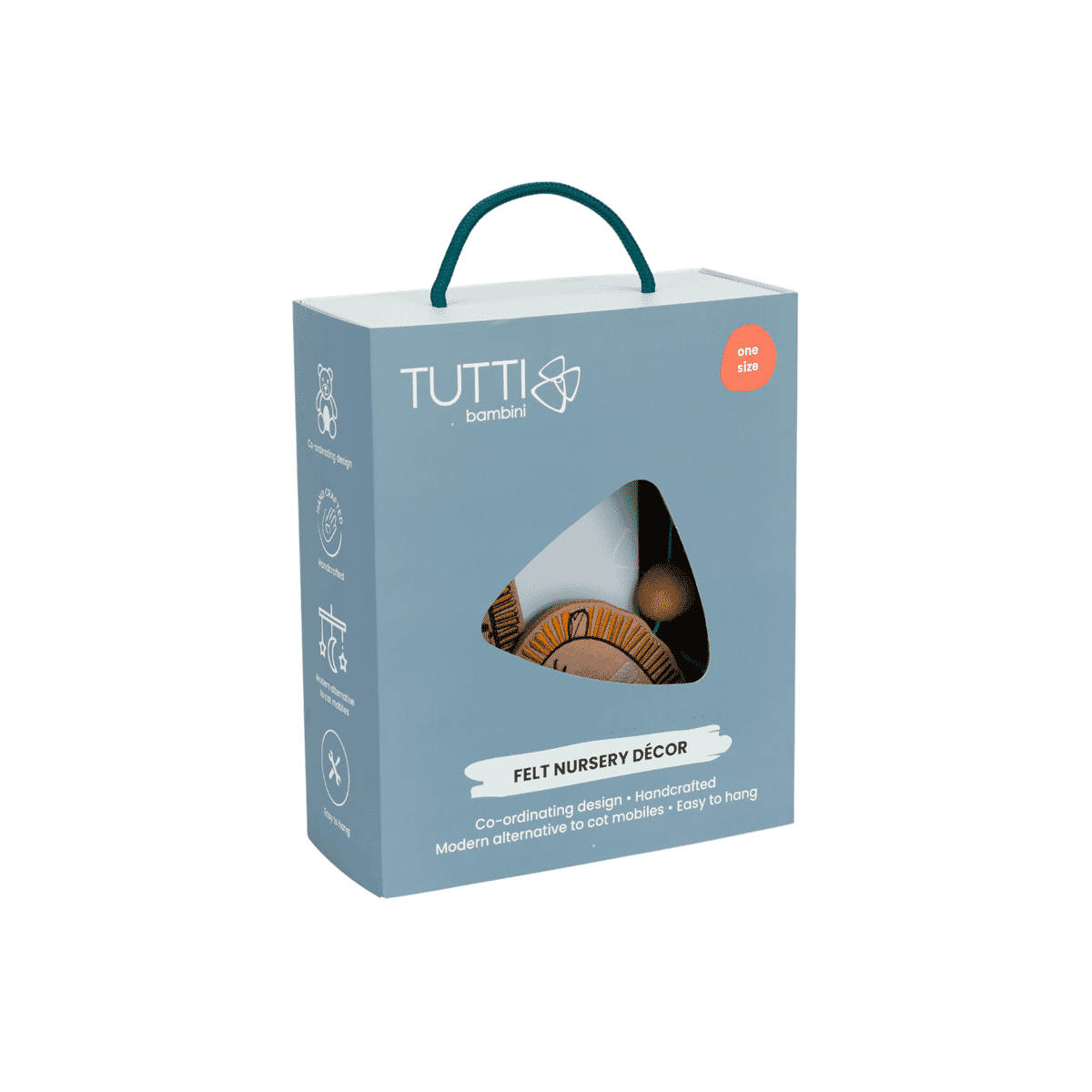 Packaged felt nursery décor mobile presented in branded Tutti Bambini box, showcasing handcrafted details and a modern alternative to cot mobiles