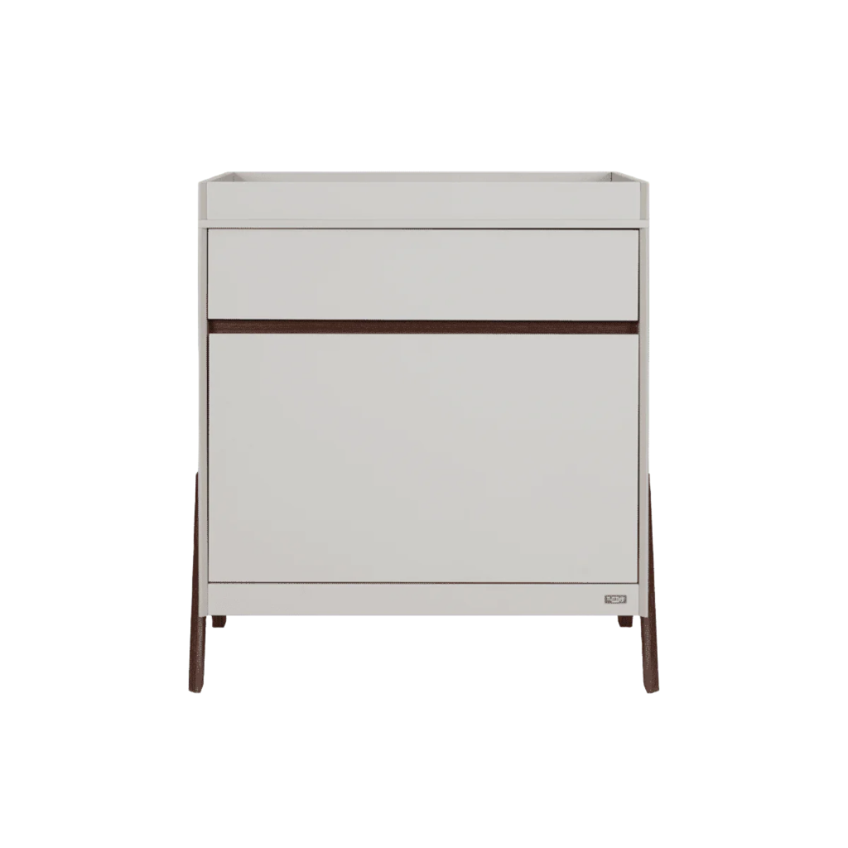 Front cutout of the Fuori chest changer in white sand and warm walnut, showcasing clean lines, integrated handle detail, and warm walnut legs