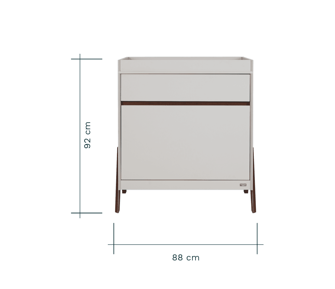 front dimensions of the fuori chest changer in white sand and warm walnut