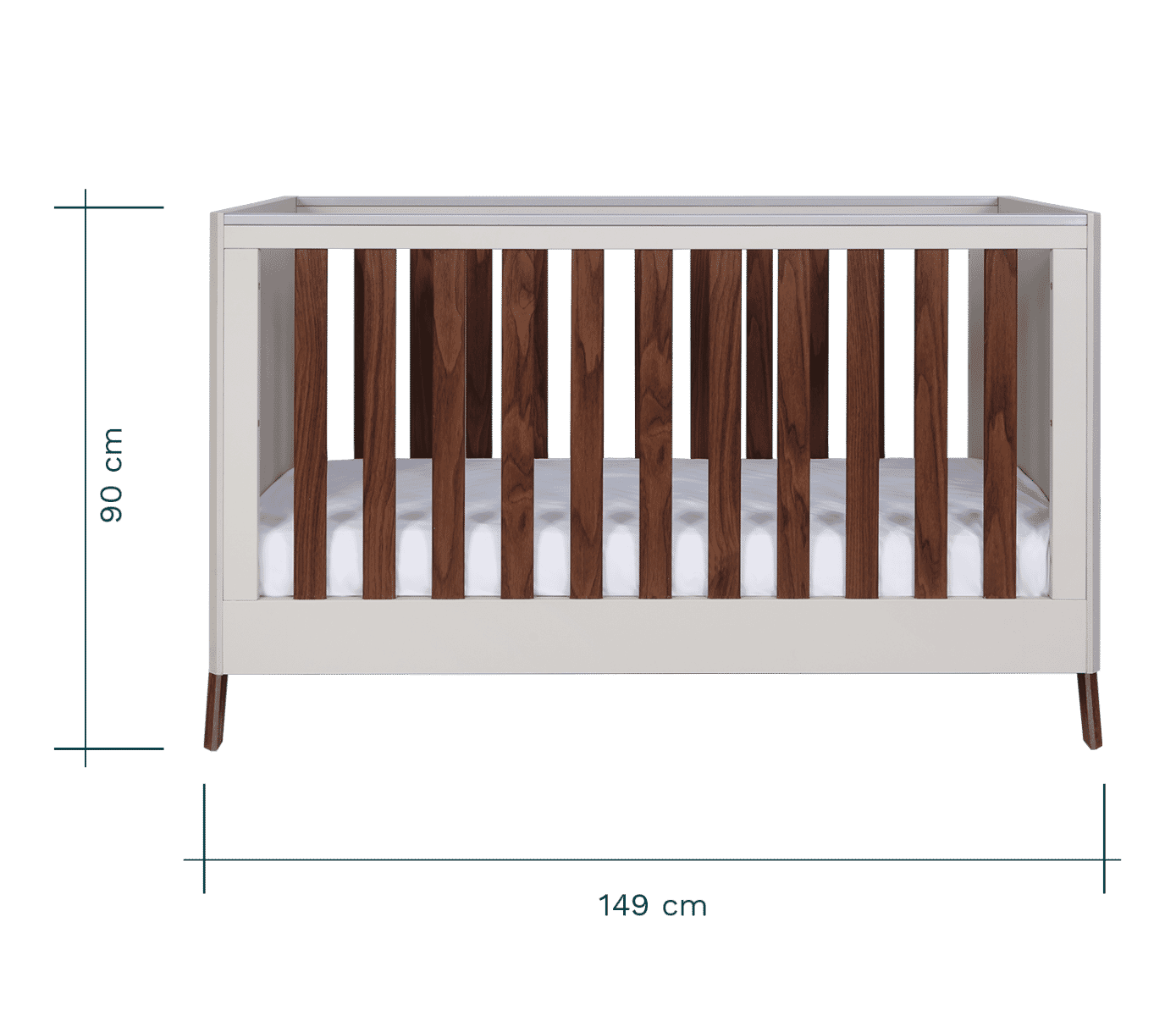 fuori cot bed in white sand and warm walnut front dimensions
