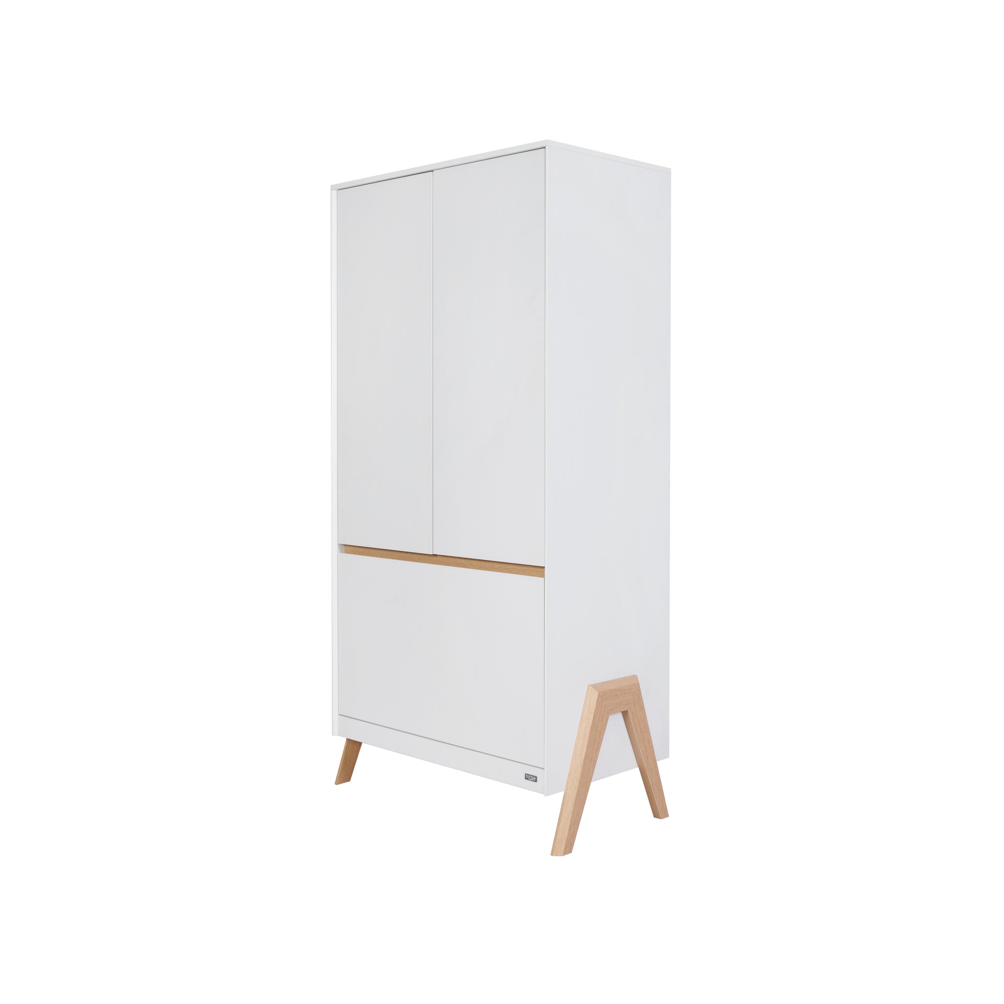 Angled view of the Fuori wardrobe in white with light oak legs, showcasing its clean lines and modern, minimalist nursery design.