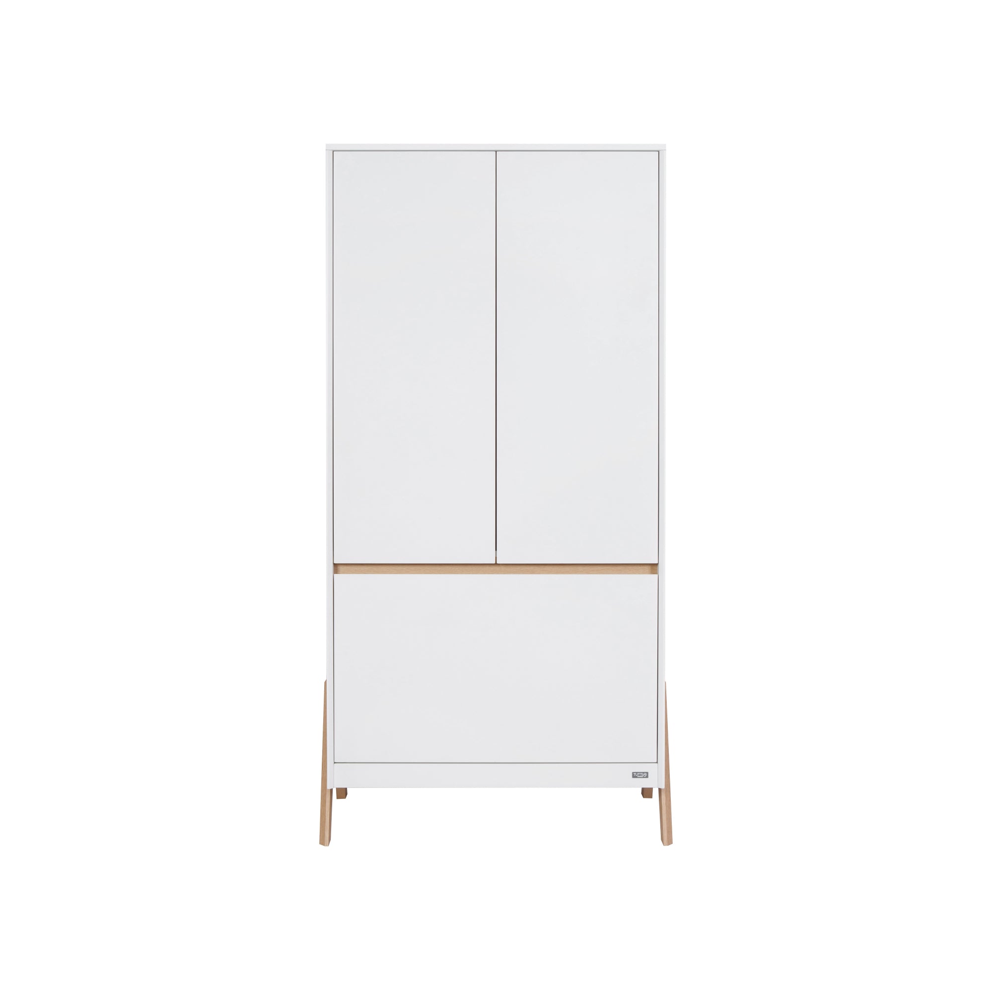 Front view of the Fuori wardrobe in white and light oak, highlighting its two-door design, subtle oak detail and raised wooden legs.
