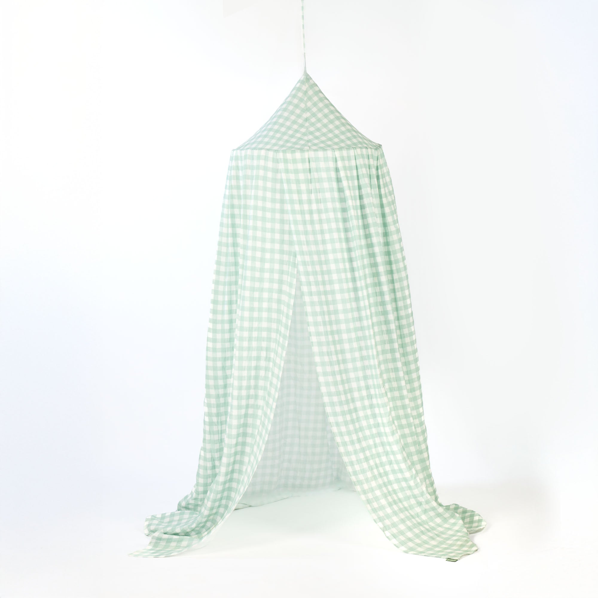 Cutout of the Good Life nursery canopy in mint gingham fabric, featuring a soft draped design and pointed top for a calm, cosy den look