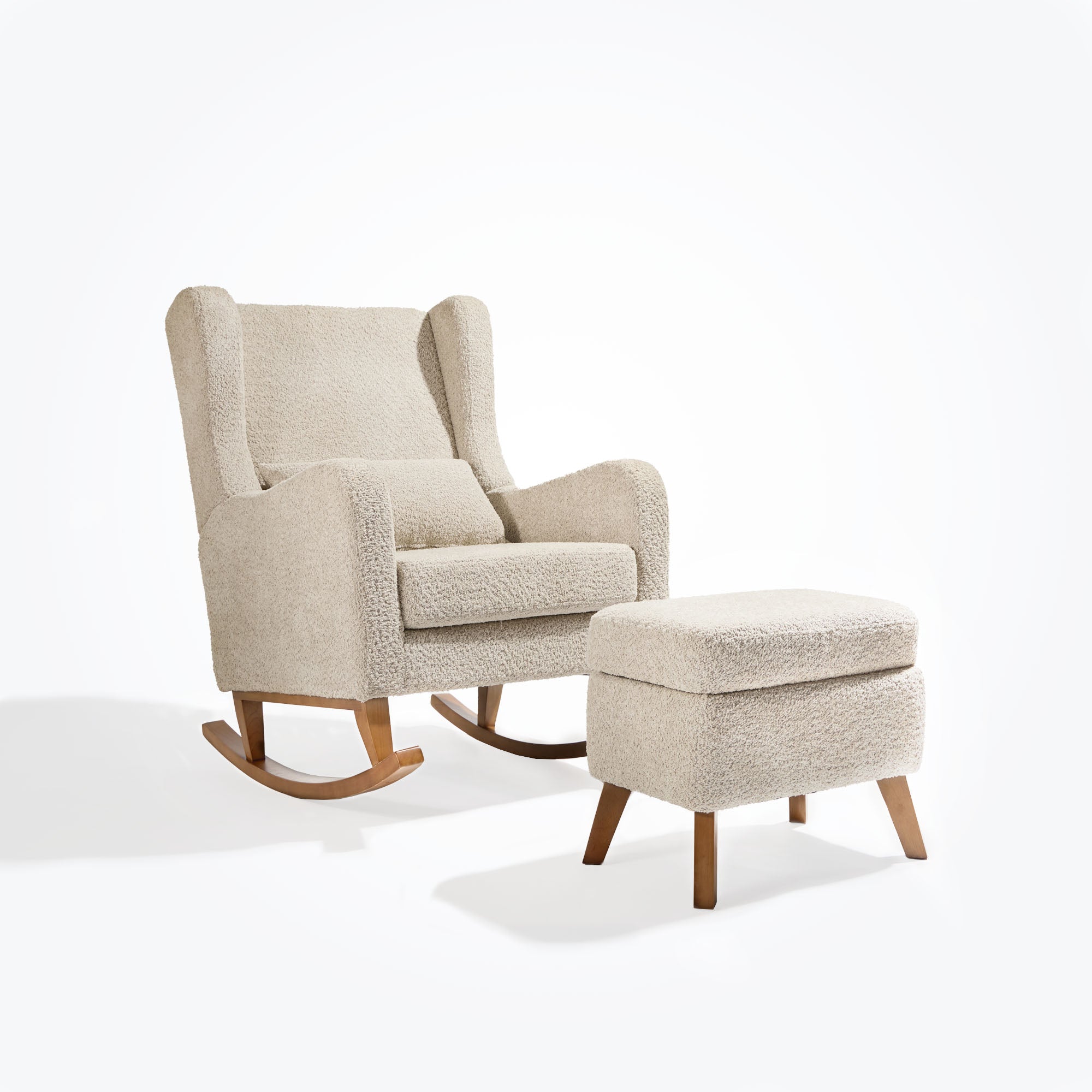 Full cutout of Harper rocking chair and footstool in teddy mushroom fabric with oak base, highlighting classic curves and coordinating design.
