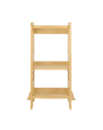 Front cutout view of the Helping Hands Montessori toddler learning tower in natural wood, showing sturdy frame and adjustable platform levels