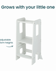 Animation of the Helping Hands Montessori Toddler Learning Tower in sea mist, showing three adjustable platform heights to grow with child