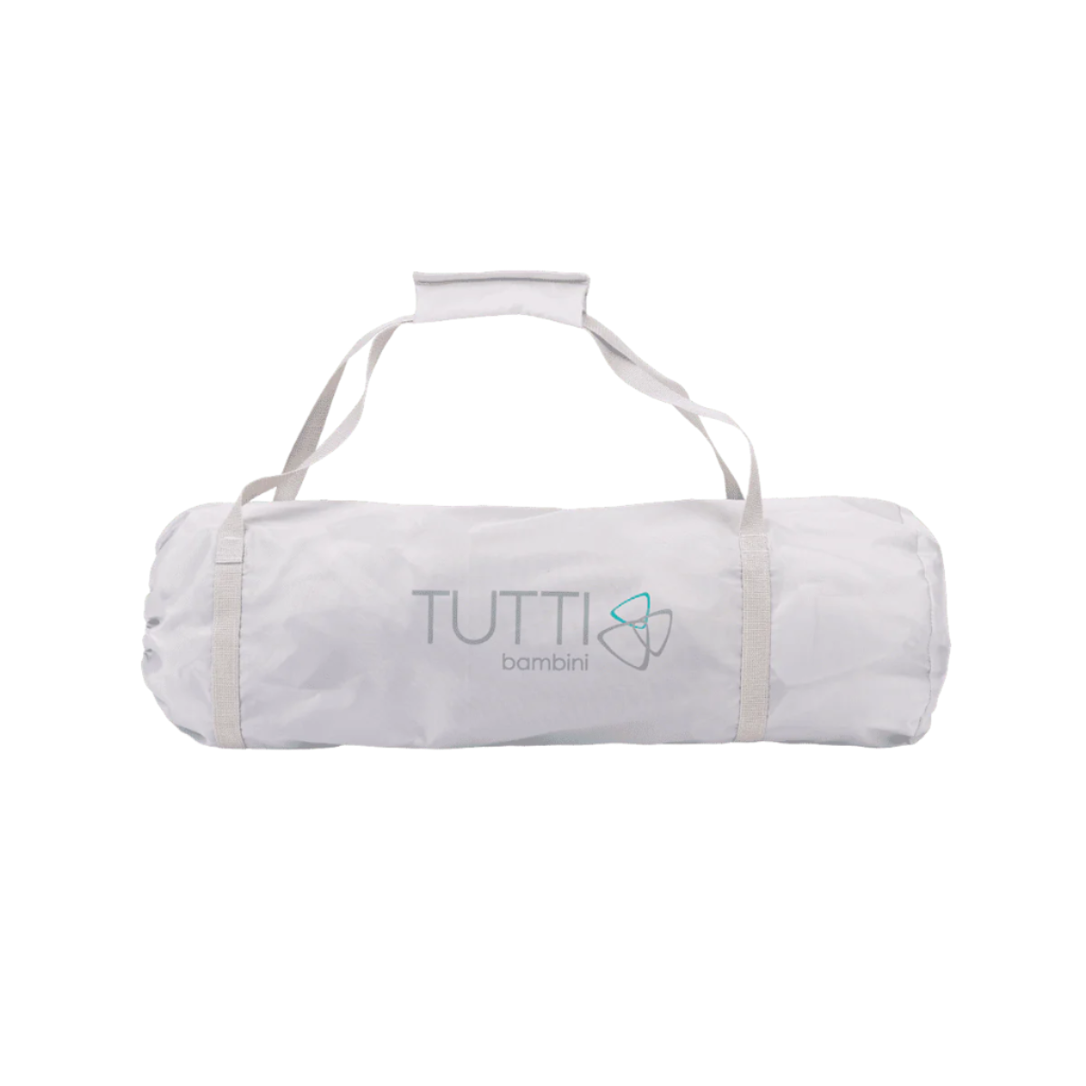 Compact Hexa playpen travel bag in light grey with handles, shown folded and ready for transport for easy on-the-go use