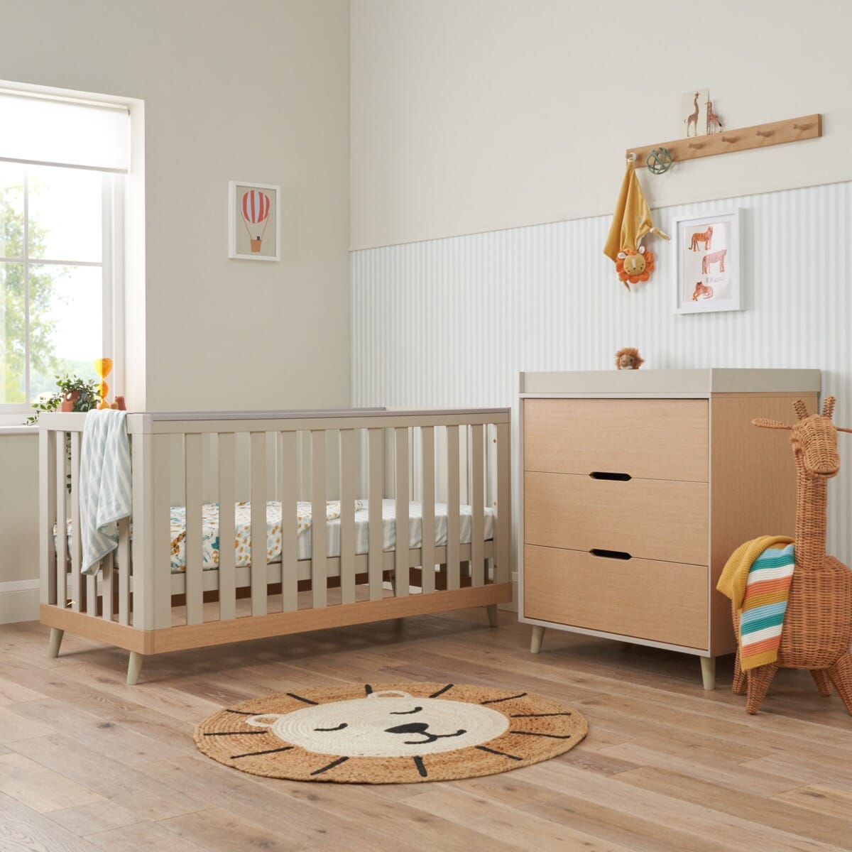 Hygge 2 Piece Room Set in Light Oak/White Sand - lifestyle image in a nursery room setting