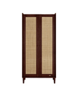 Japandi wardrobe in warm walnut with full-height woven rattan doors, offering a sleek silhouette and ample concealed storage for a coordinated nursery aesthetic.