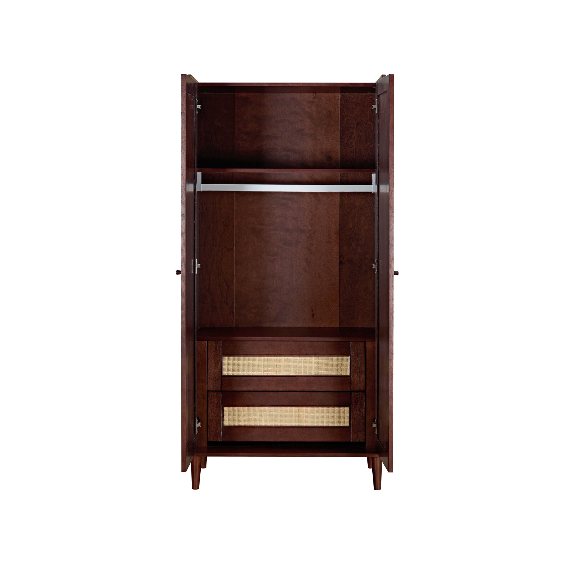 Japandi wardrobe in warm walnut with doors open, revealing hanging rail, full-width shelf and two drawers for practical storage