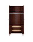 Japandi wardrobe in warm walnut with doors open, revealing hanging rail, full-width shelf and two drawers for practical storage