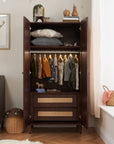 Japandi Wardrobe in warm walnut with both doors open, revealing two drawers, shelving, and a full-width hanging rail showing nursery storage versatility.
