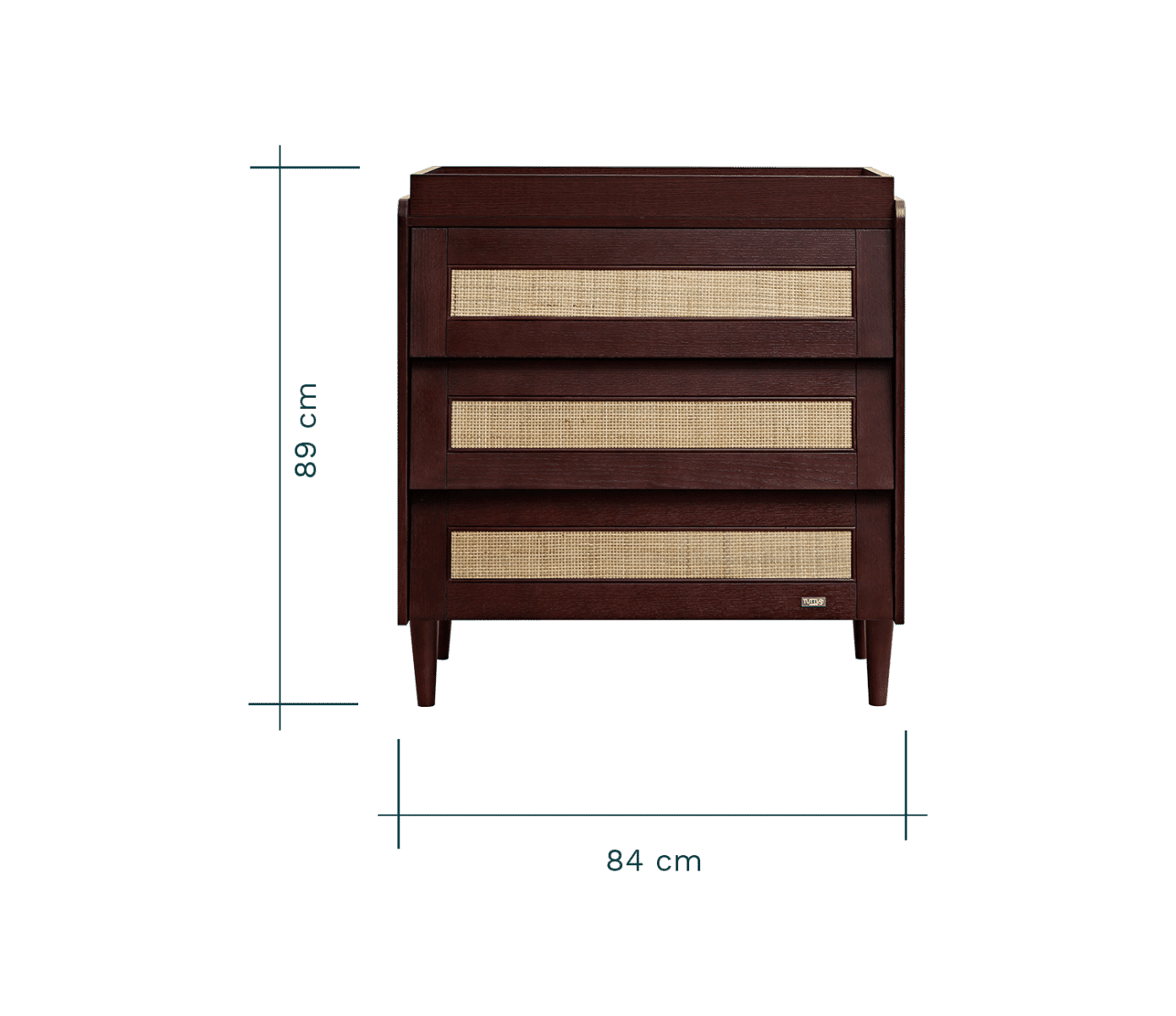 Front dimensions of the Japandi chest of drawers in walnut