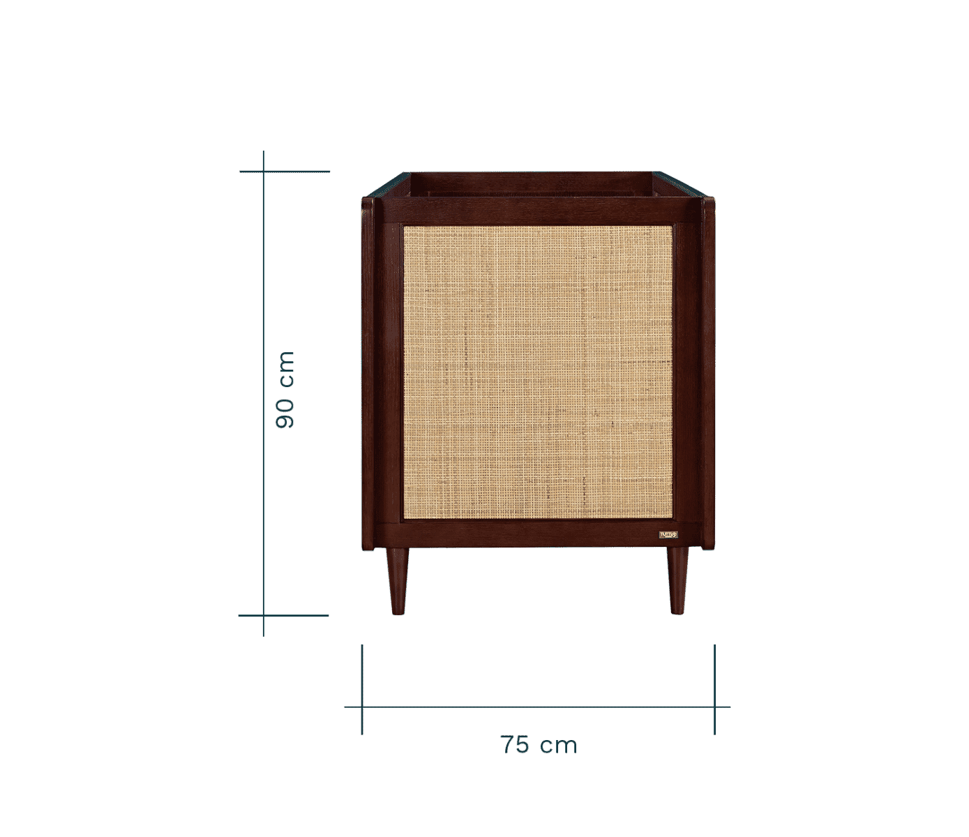 Side dimensions of the Japandi cot bed with natural rattan and wood textures