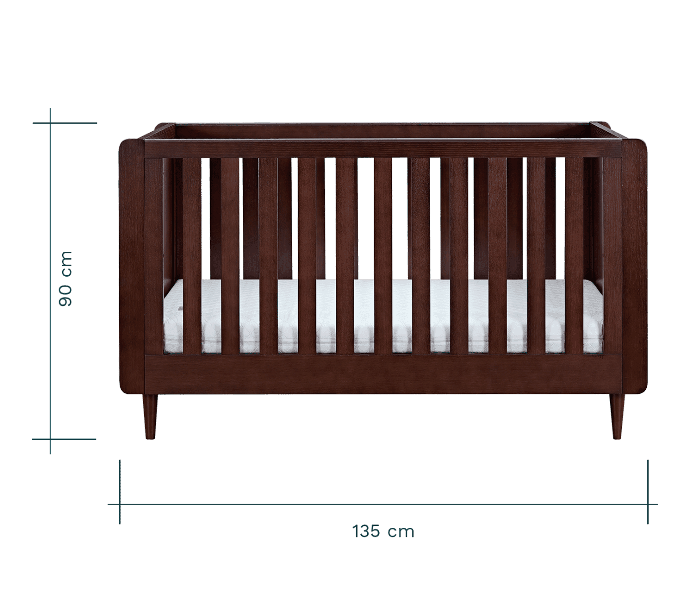 Front dimensions of the Japandi mini cot bed in walnut