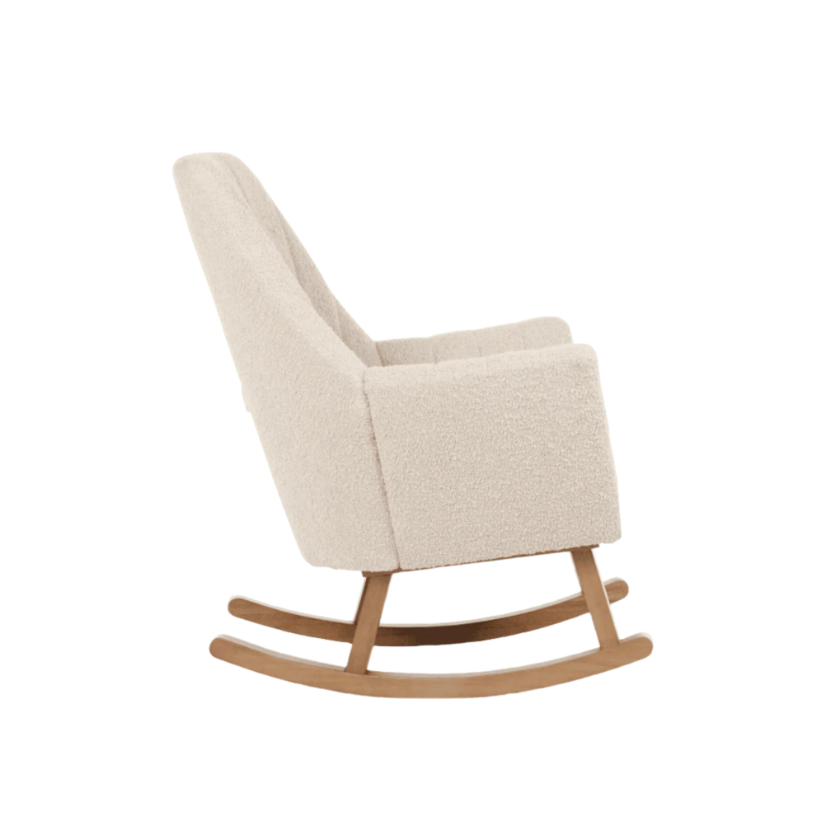 Side profile cutout of the Jonah Luxe rocking chair and footstool in boucle mushroom, detailing ergonomic silhouette and solid wood base.