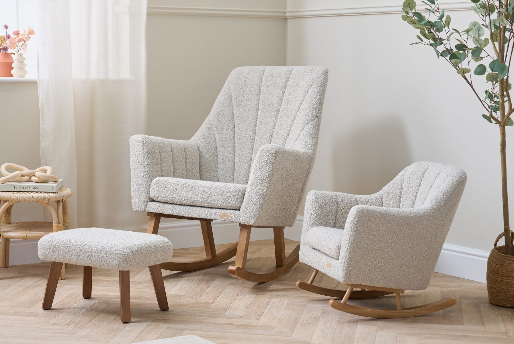 Jonah Mini Me Children's Rocking Chair in Boucle Mushroom - lifestyle image 3 featuring the mini and adult version rocking chairs together