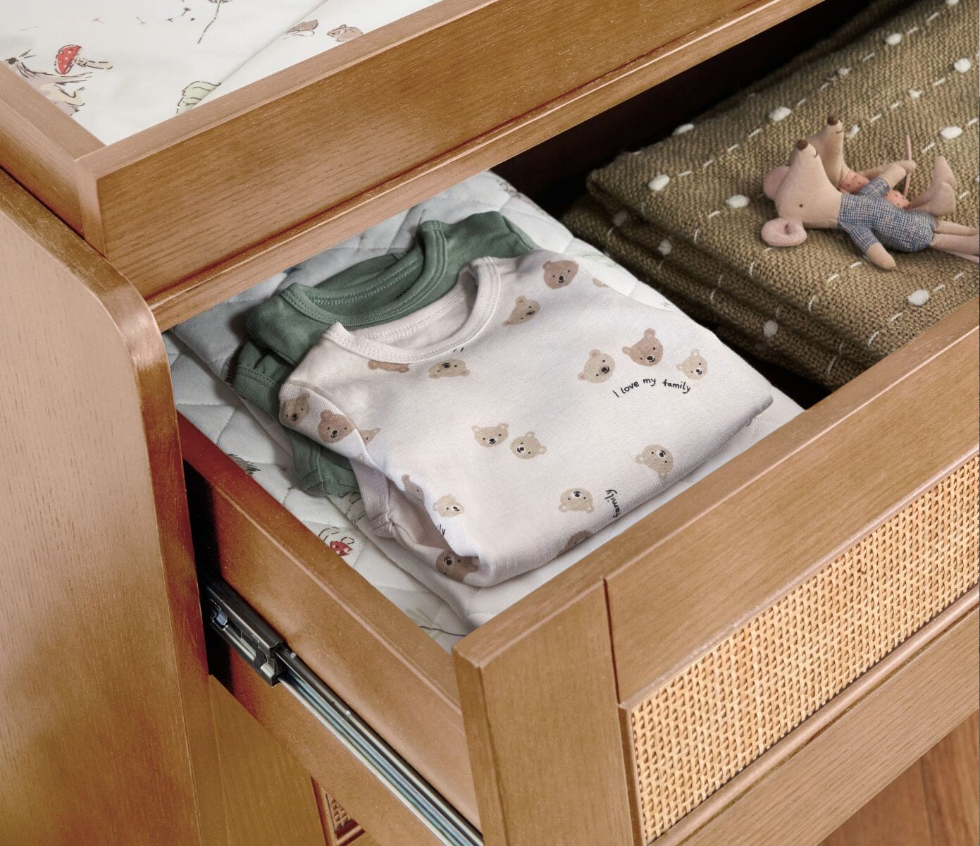 Close-up of the Japandi chest of drawers showing smooth edges, non-toxic finishes, and soft-closing drawer details.
