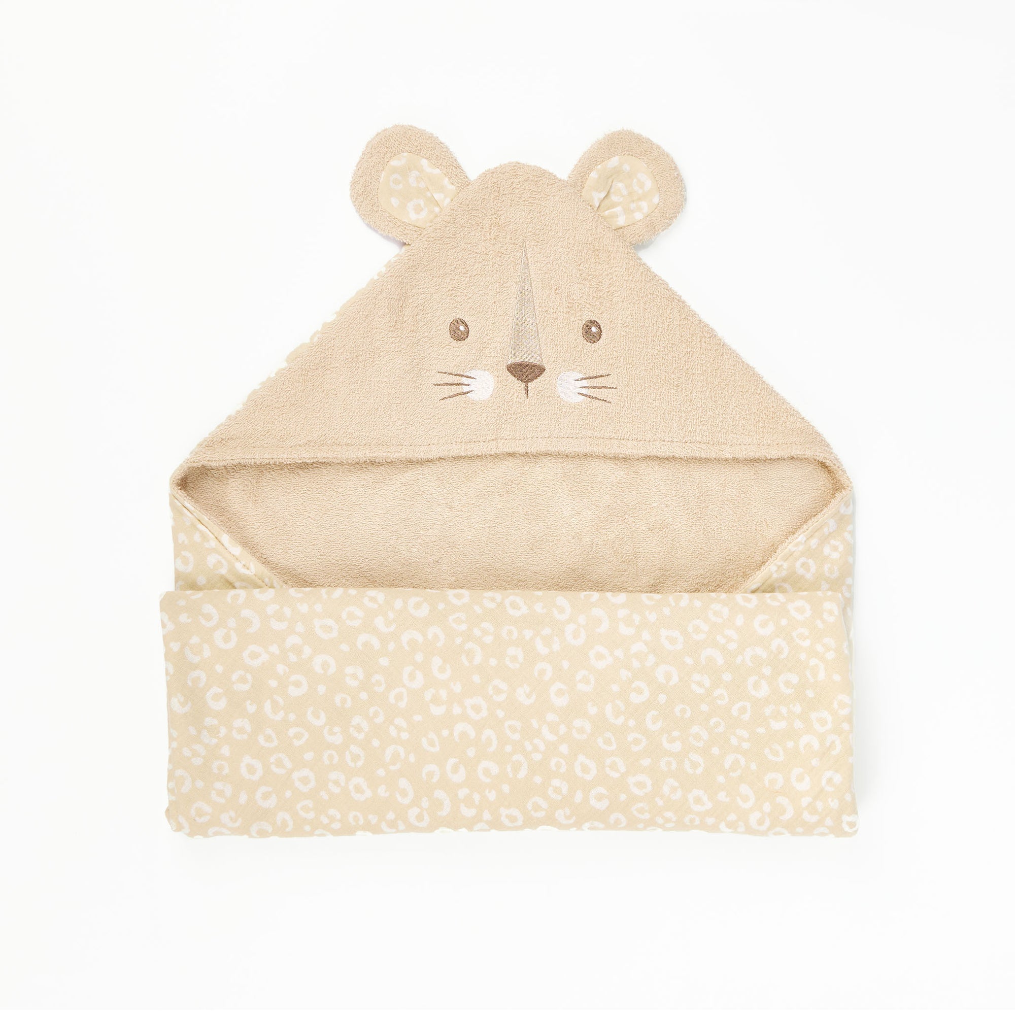 Cutout of Luca Leopard hooded towel in soft beige terry, featuring embroidered animal face, 3D ears, and inner lining with leopard spots