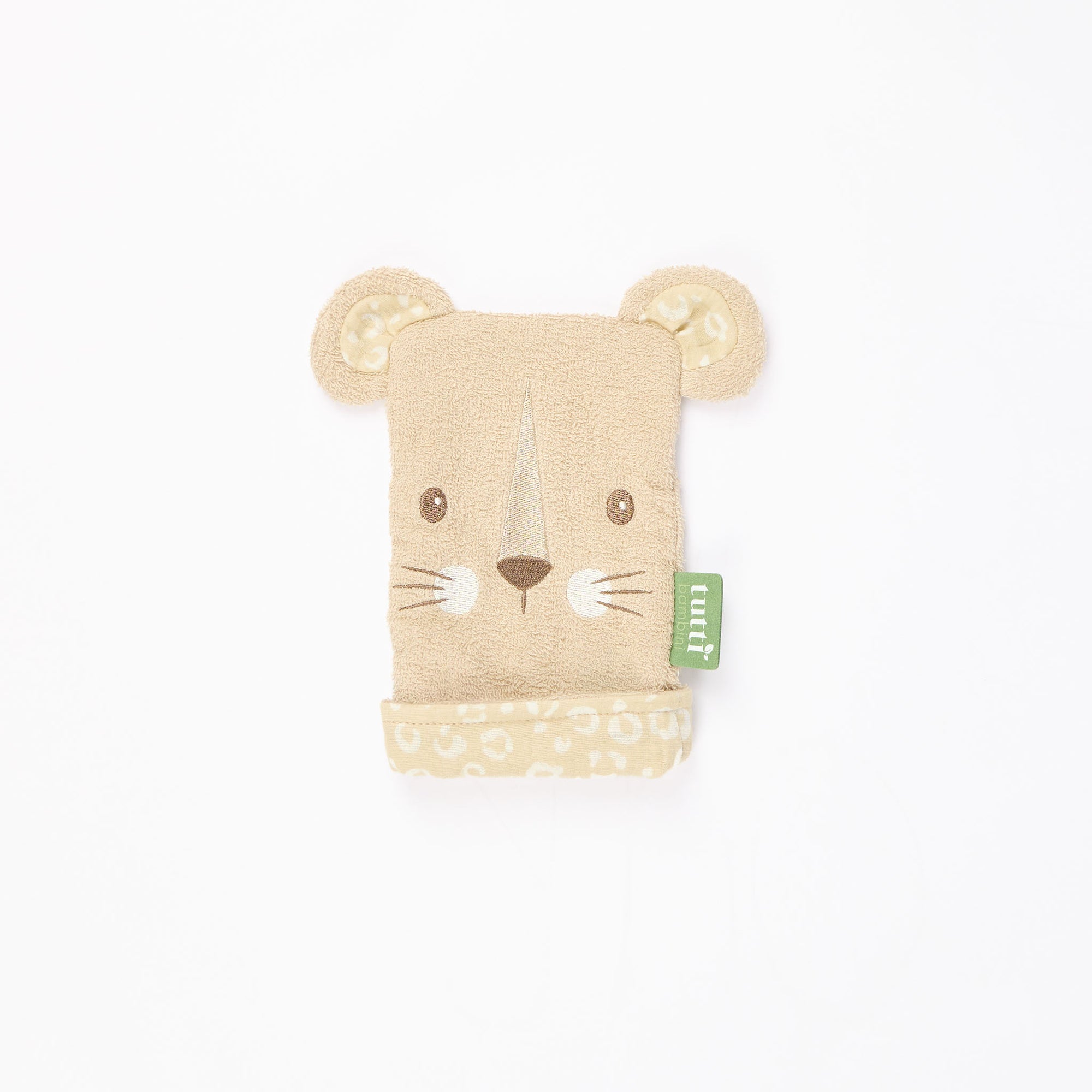 Cutout of Luca Leopard wash mitt in beige terry with embroidered leopard face, soft 3D ears, and printed trim in tonal spotted pattern
