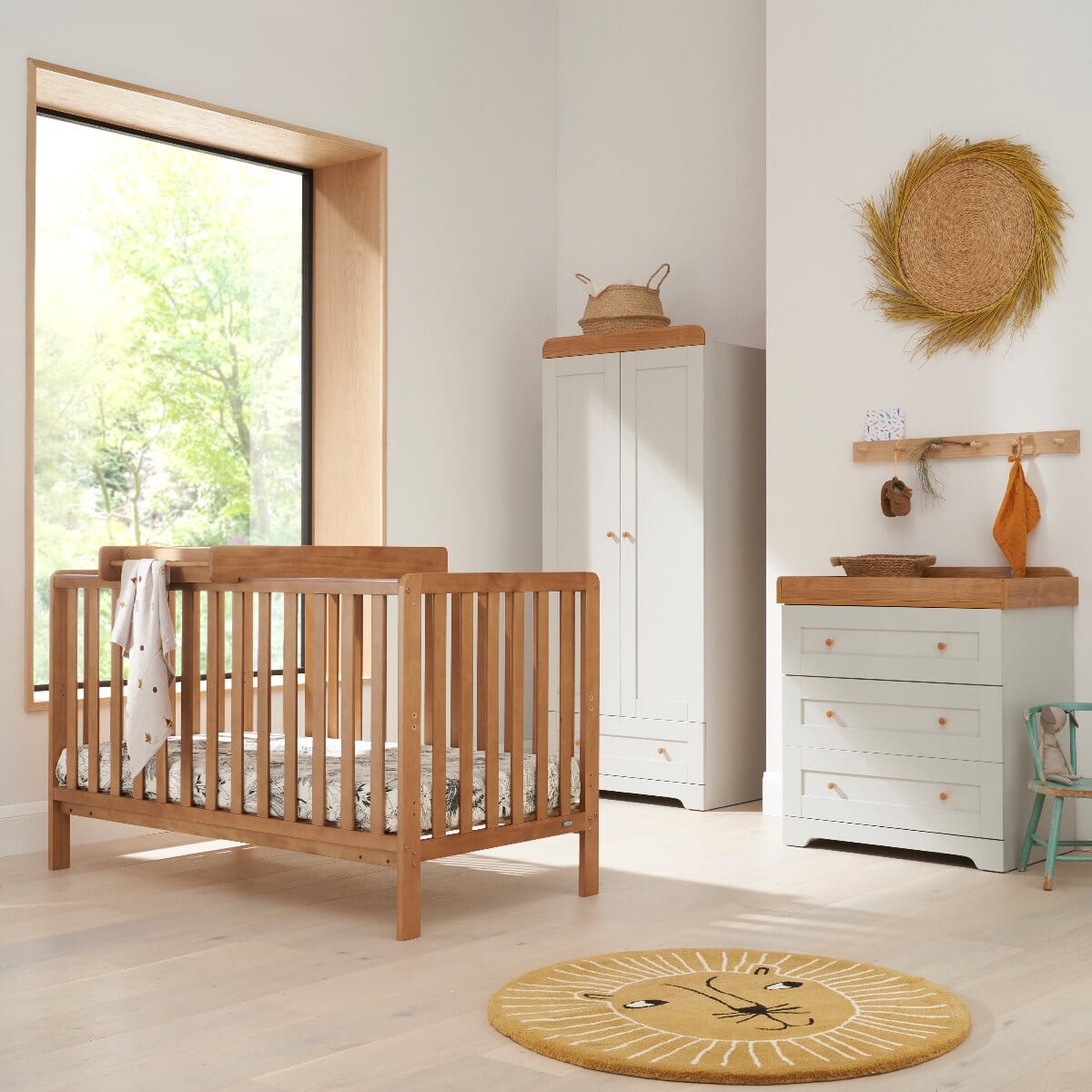 Full lifestyle room view featuring Malmo cot bed with changer and Rio wardrobe and chest changer in dove grey and oak