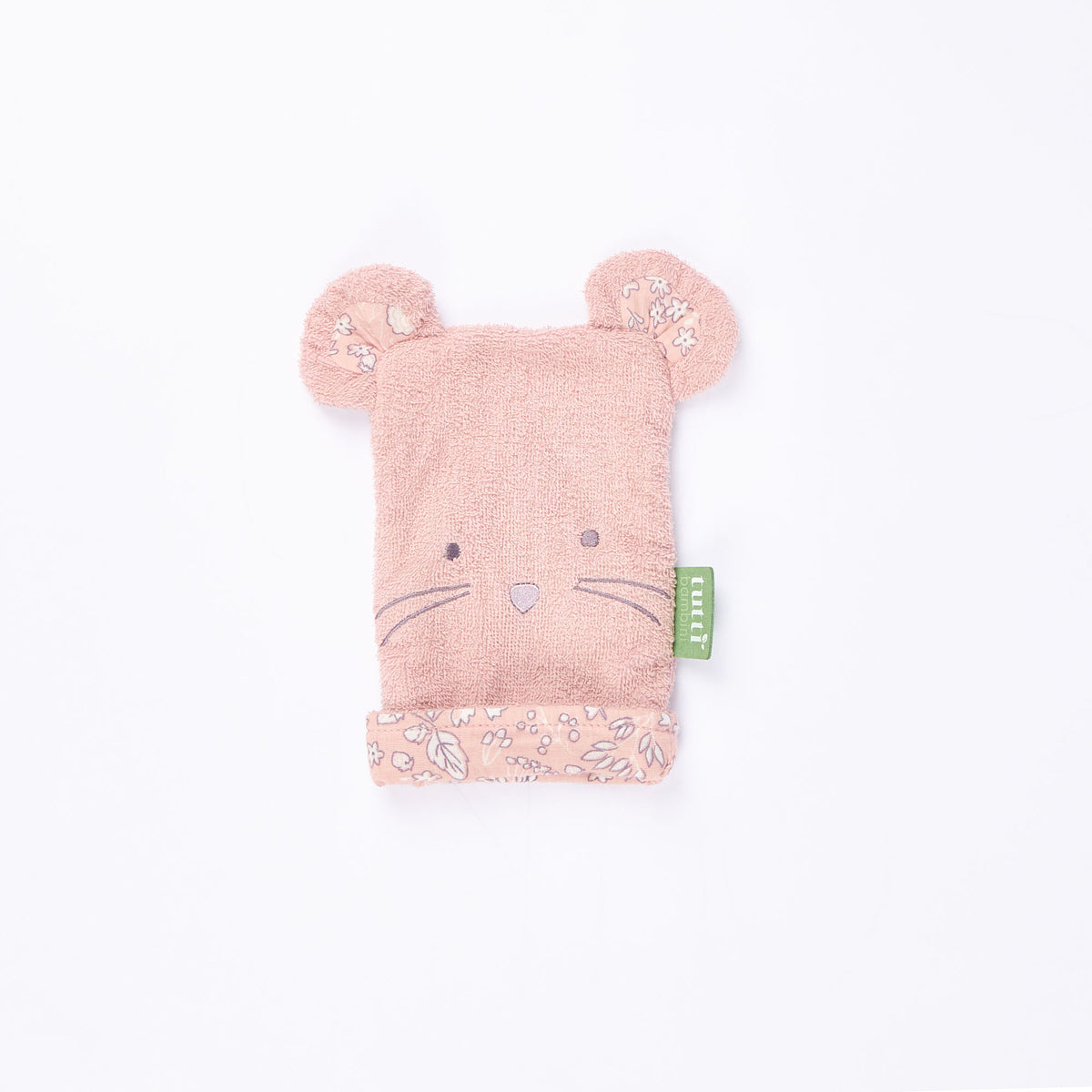 Margot Mouse matching wash mitt laid flat, featuring embroidered face, soft ears, and floral trim