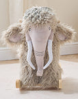Front view of Mimi the Mammoth rocking toy with soft fur texture, friendly expression and wide wooden rockers for balance