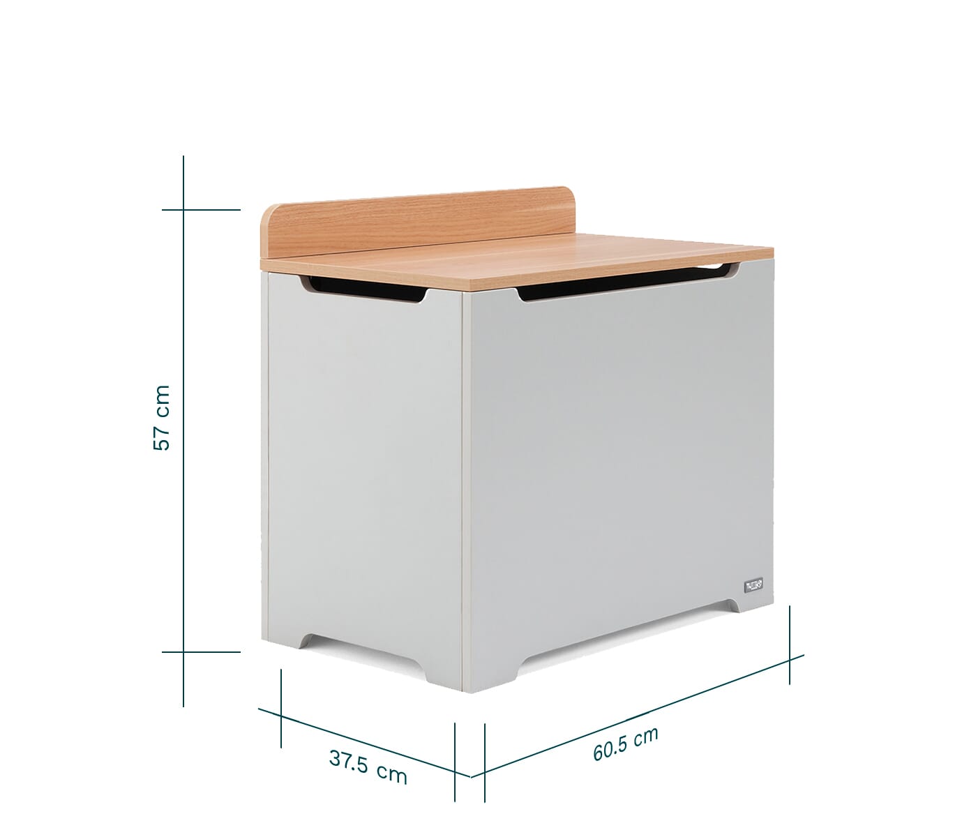 Angled view of the Modena toy box in dove grey and oak with closed lid, showing compact footprint and clearly marked product measurements