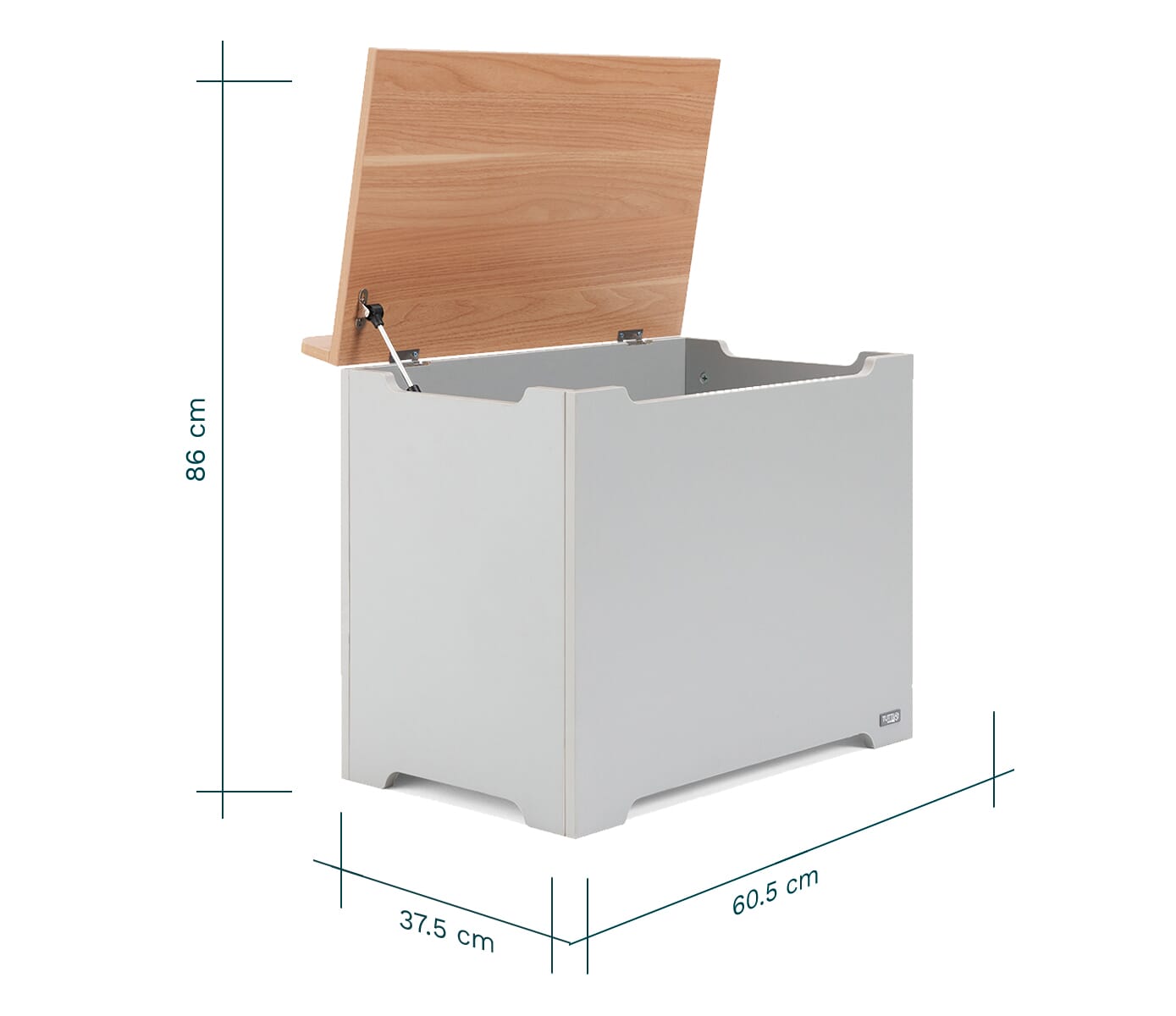 Open Modena toy box in dove grey and oak with gas-lift hinge shown, highlighting generous interior storage and full product dimensions.
