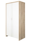 Modena wardrobe in white and oak with closed white doors and natural oak frame, providing a sleek and contemporary storage solution for children's bedrooms, shown on white background.