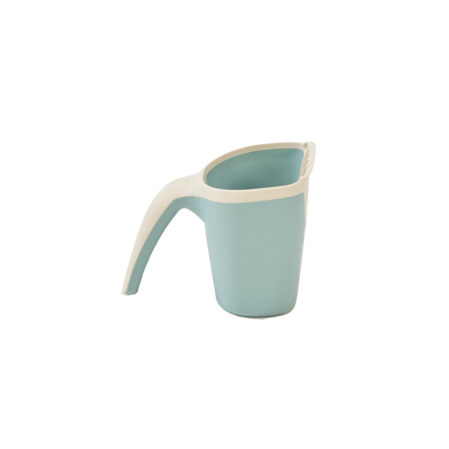 Side profile of the Nati Bath Jug in ocean featuring ergonomic curved handle and practical pouring design for bath time.