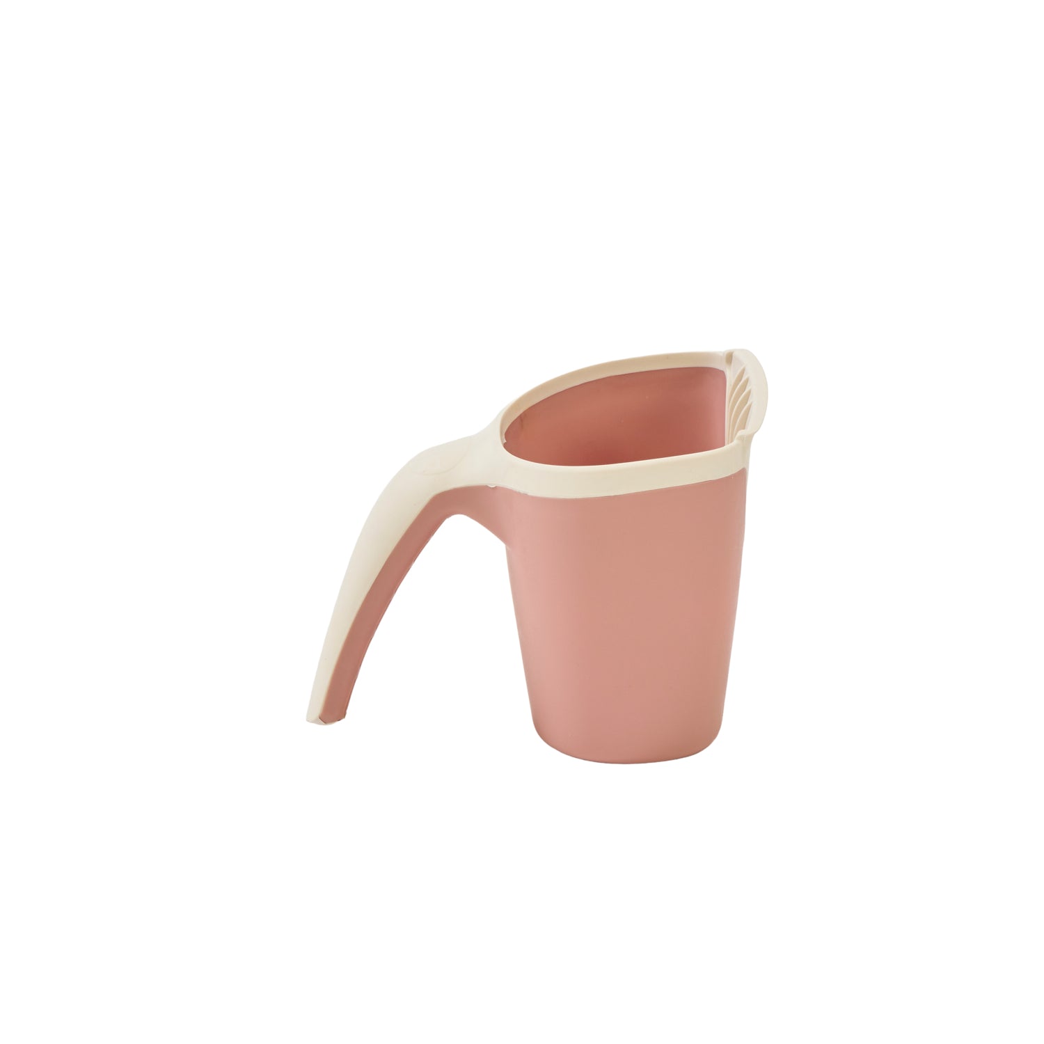 Angled cutout view of the Nati Baby Bath Jug in shell with ribbed rinse spout and easy-grip handle for gentle water pouring.