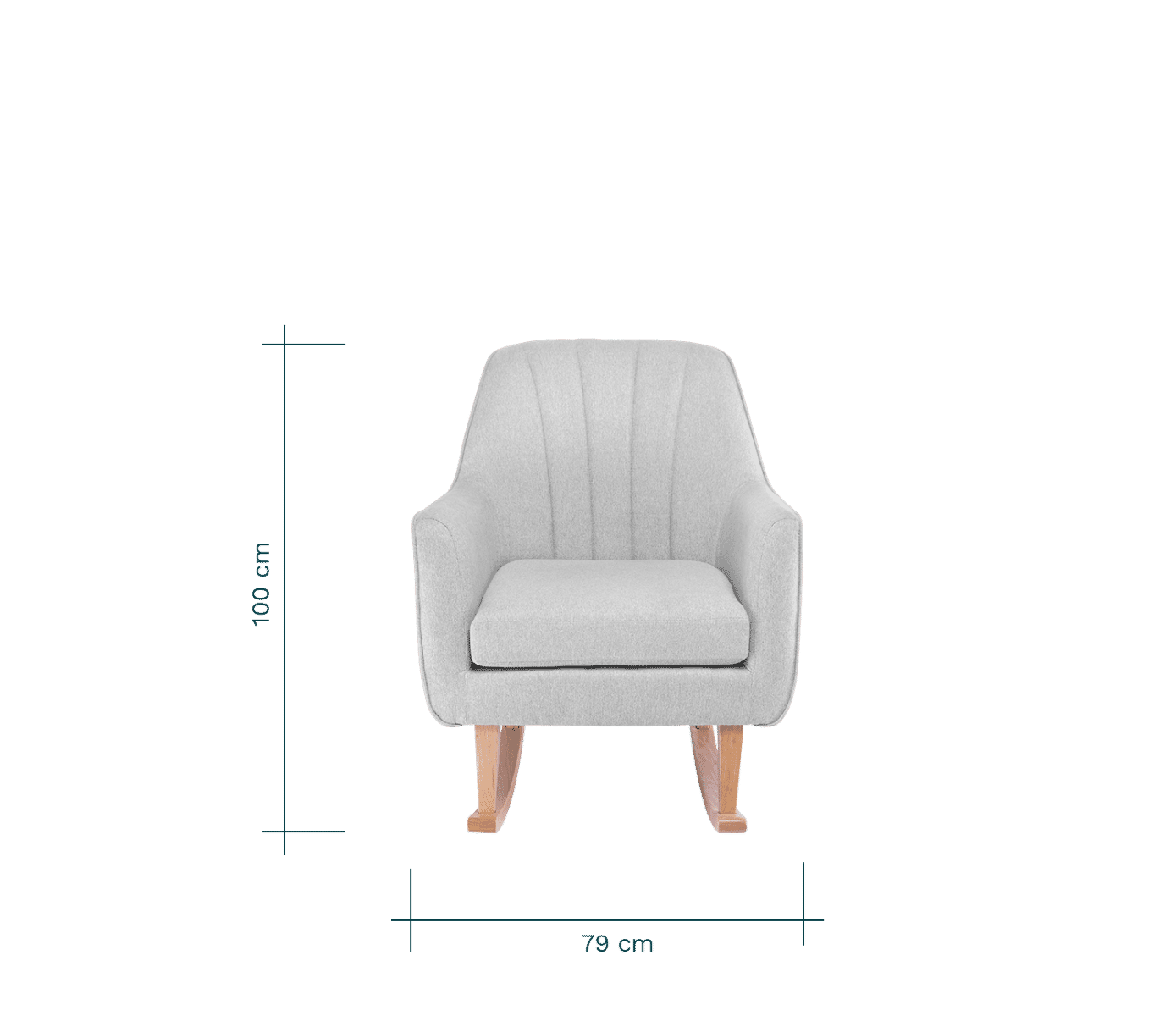 Front view of the Noah rocking chair in pebble grey with measurements, highlighting the wide cushioned seat and soft panelled backrest