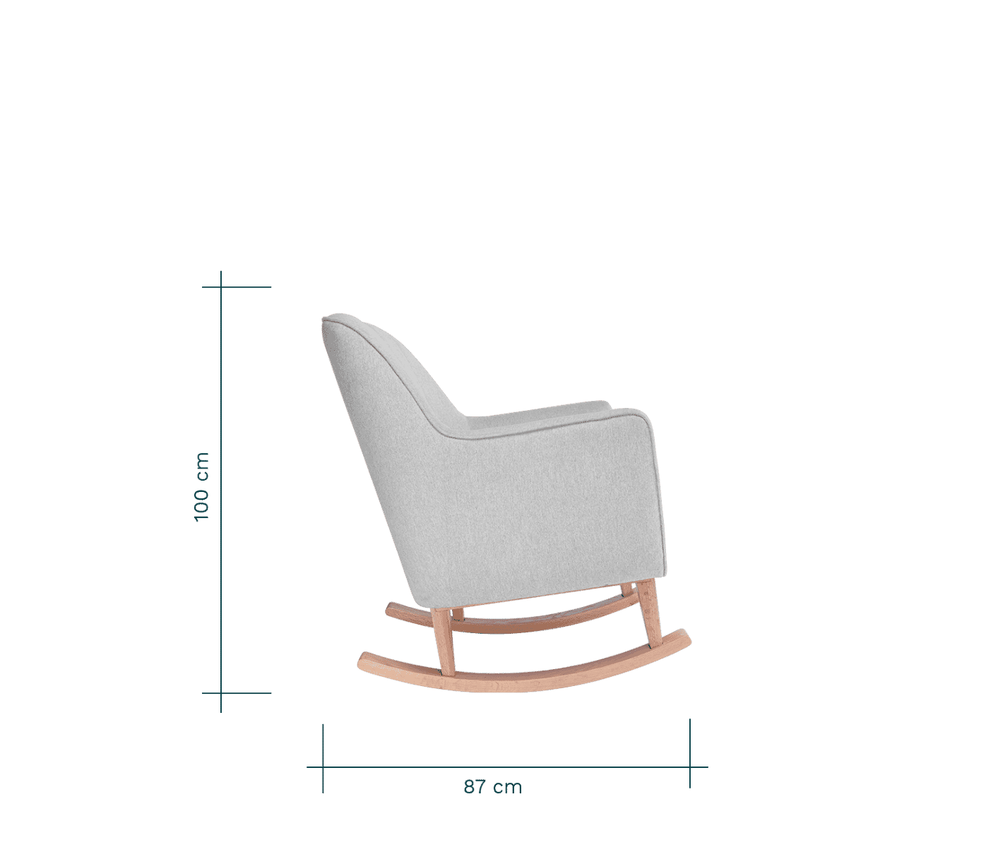 Side profile of the Noah rocking chair in pebble grey with measurements, showing curved wooden rockers and supportive padded seat