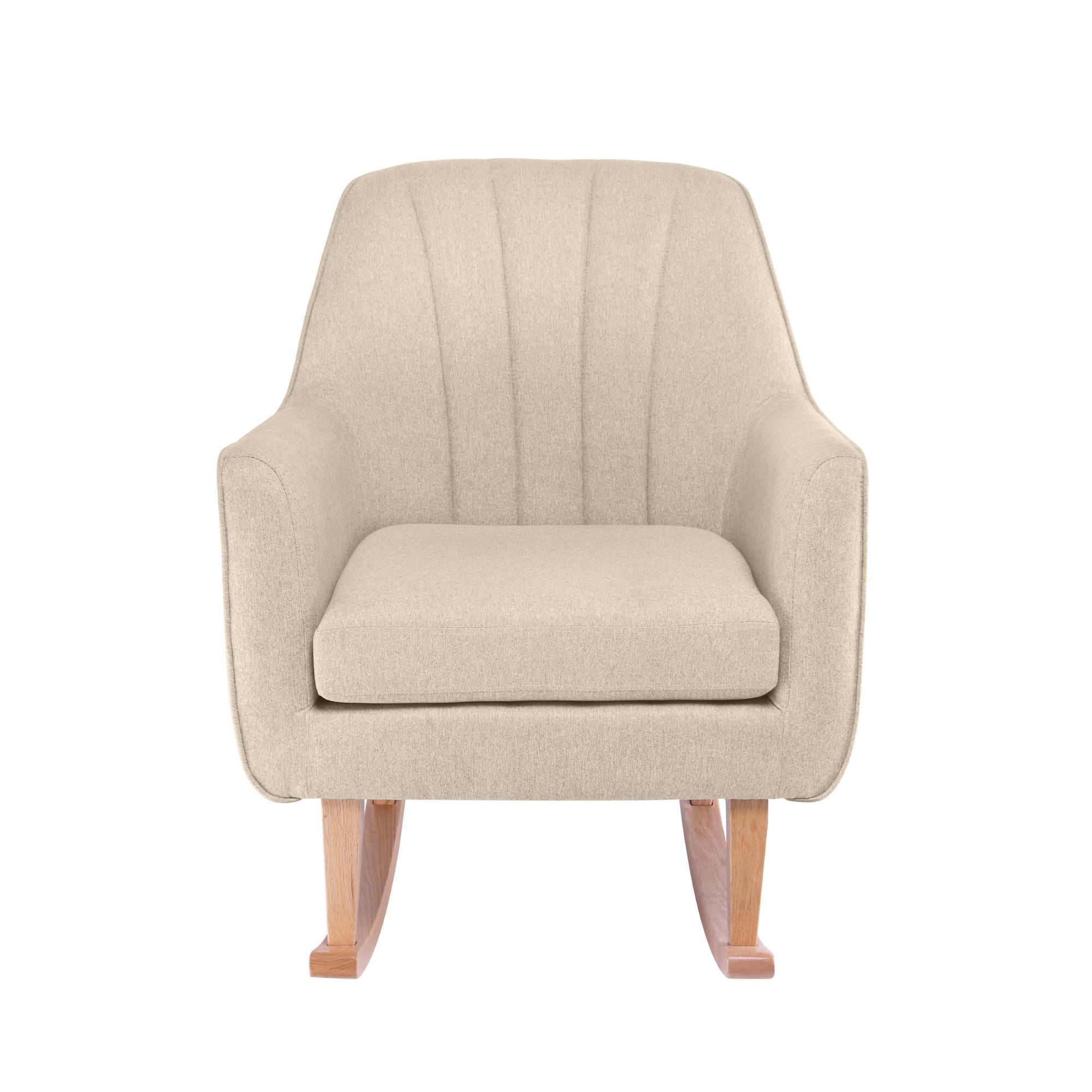 Front view of the Noah rocking chair in stone upholstery, showcasing its deep cushioned seat, gently contoured arms and calming nursery-ready design