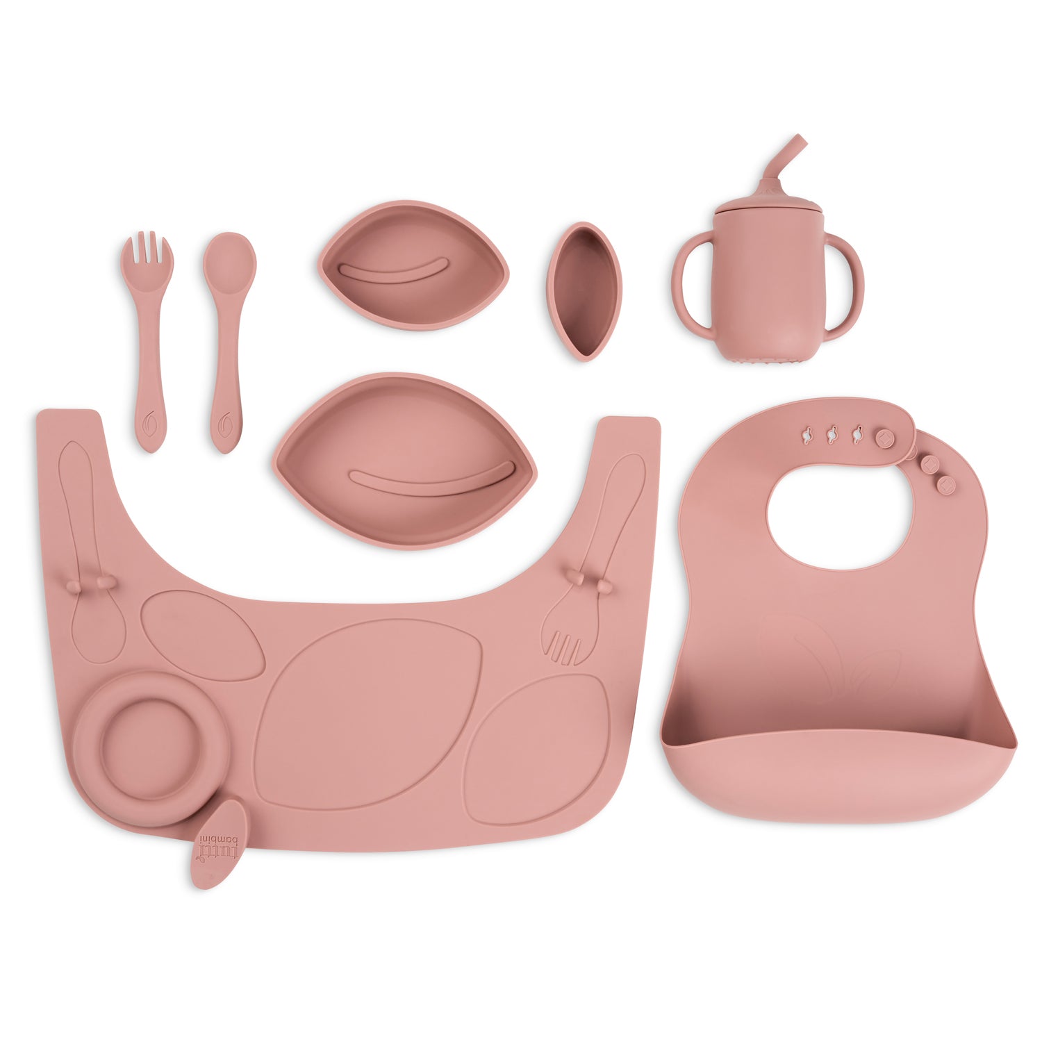 Flat lay cutout of the Nova Maison highchair accessory pack in cameo, showing silicone bib, divided bowls, spoon, fork and training cup.
